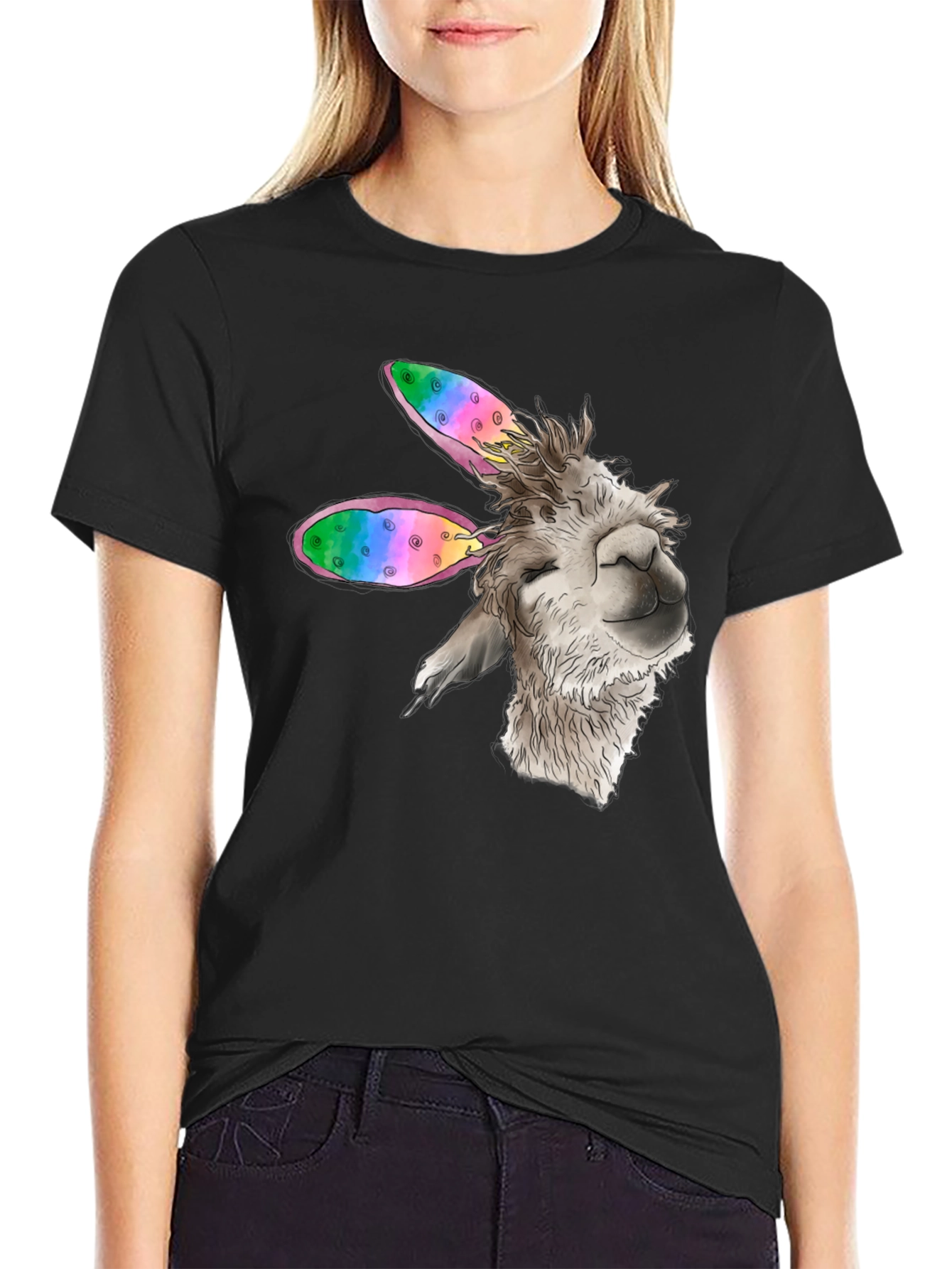 Llama Bunny Ears Easter Black T-Shirt