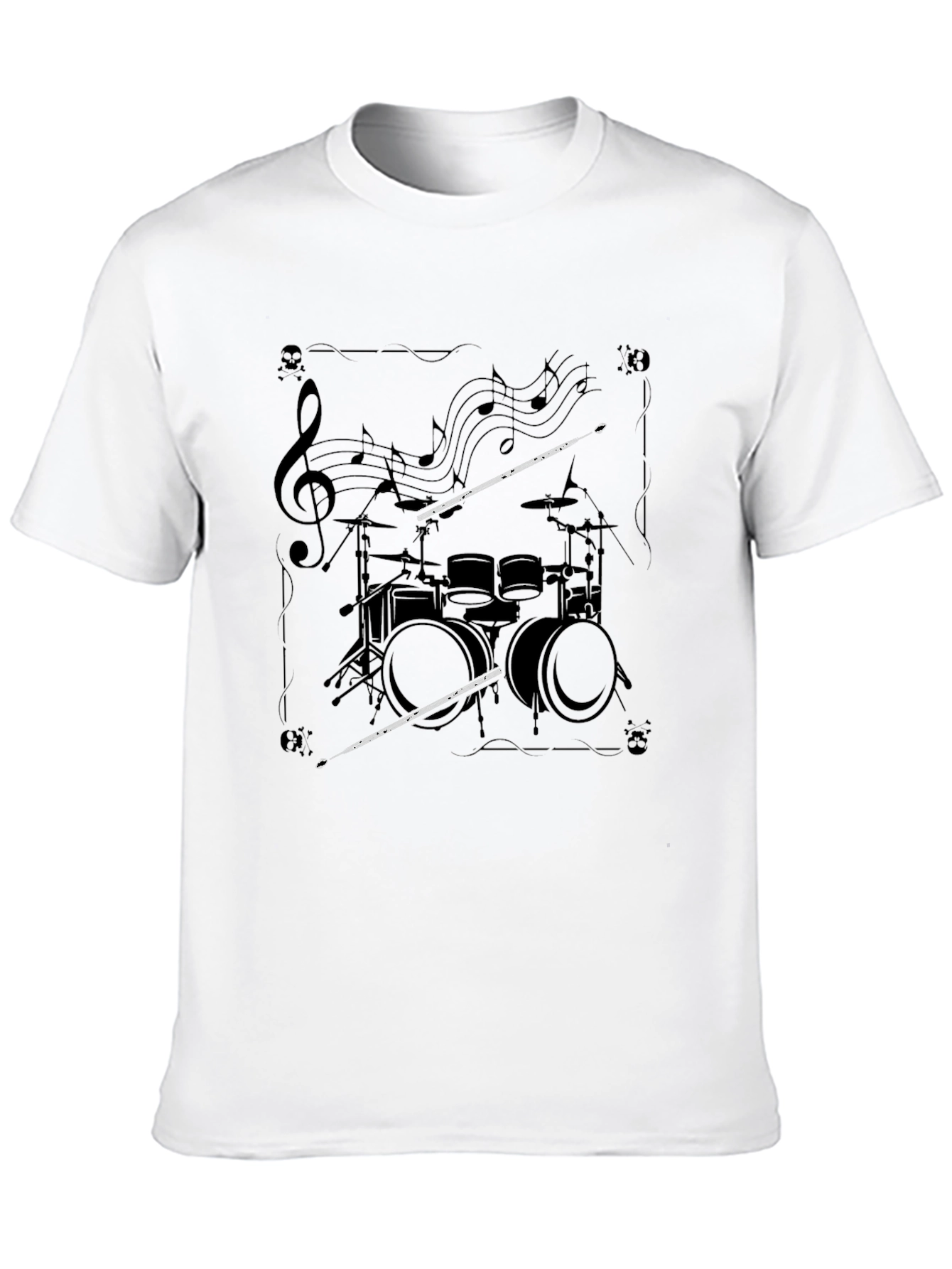 Drum Set Music Notes Graphic Black T-Shirt