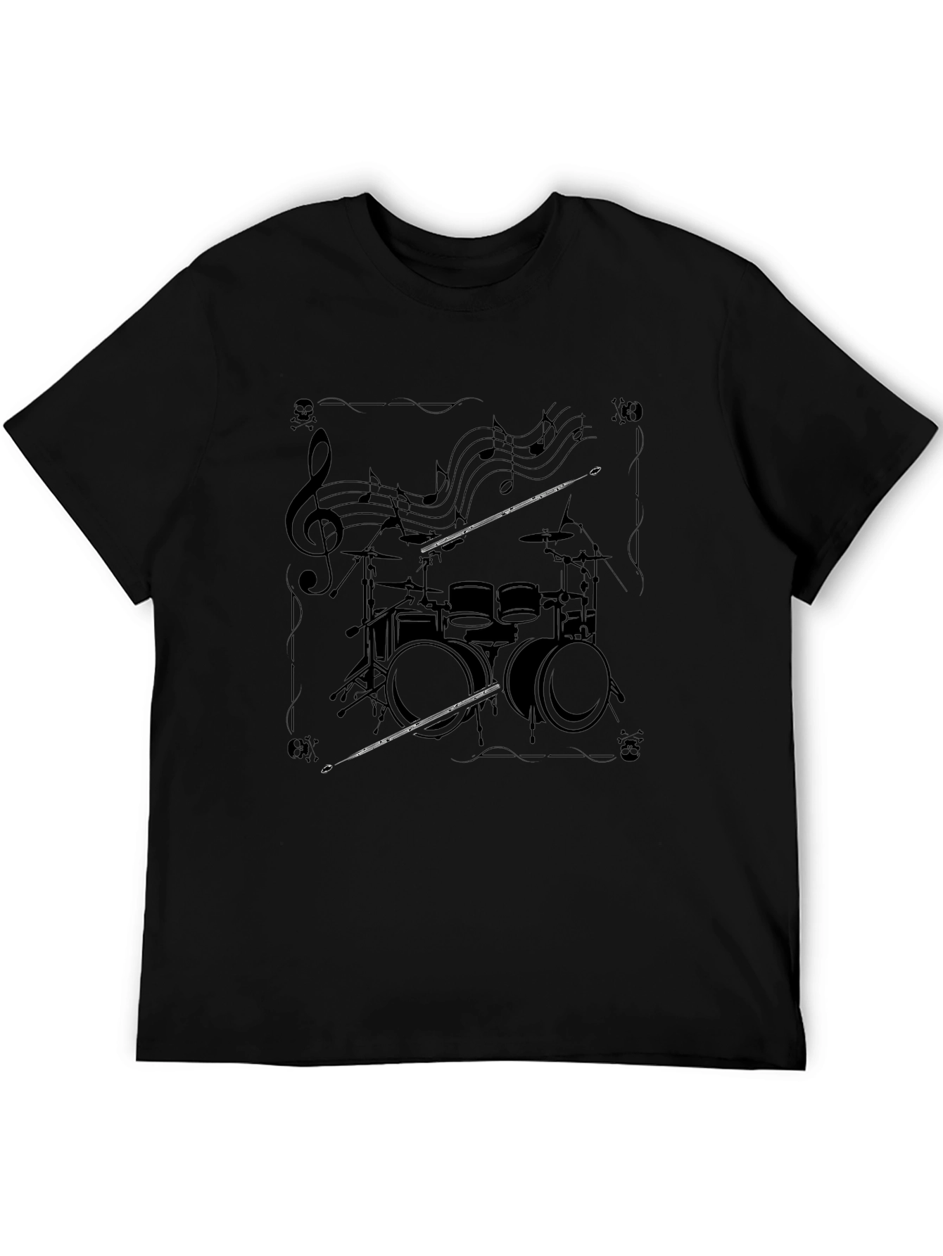 Drum Set Music Notes Graphic Black T-Shirt