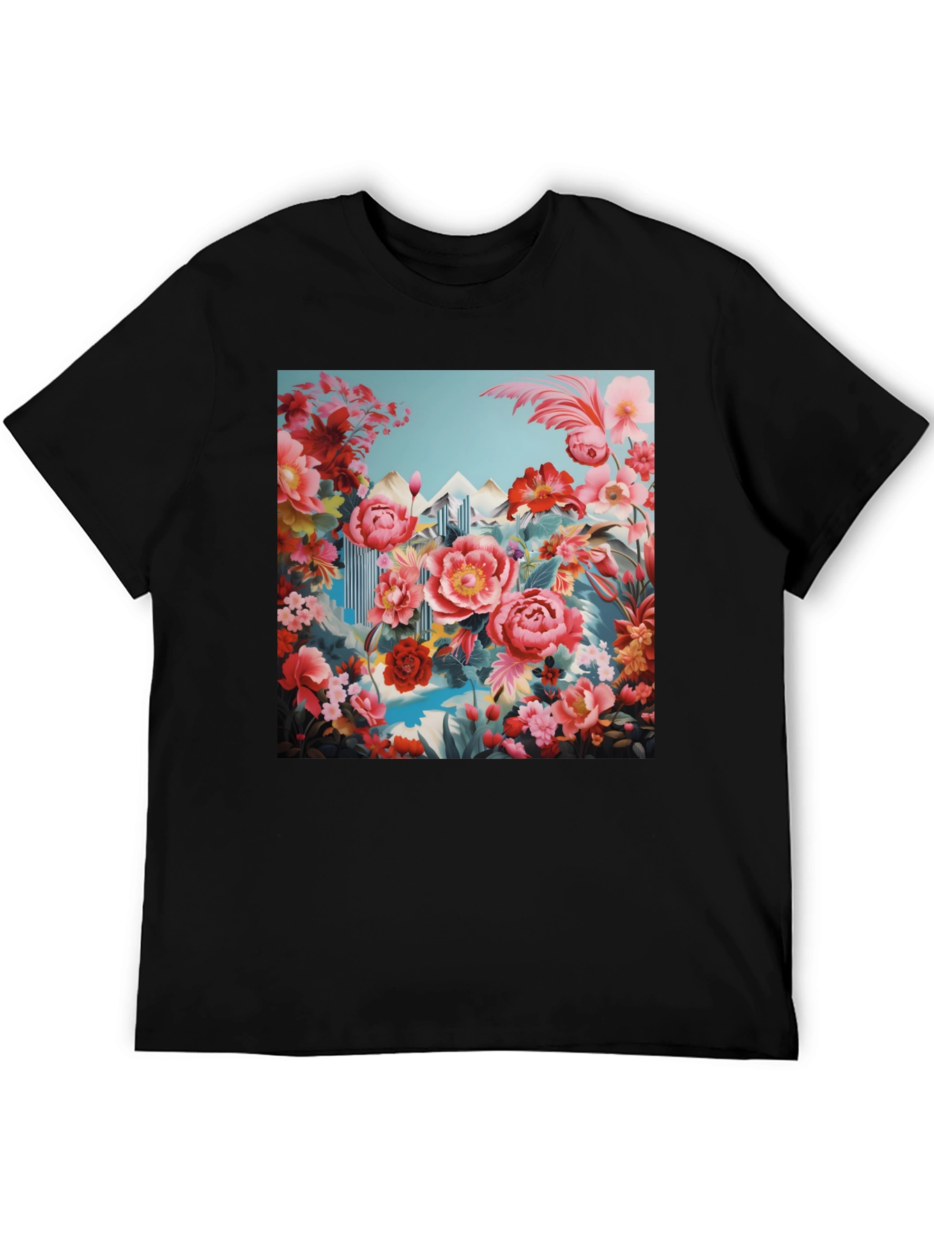 Floral Landscape Print Black T-Shirt