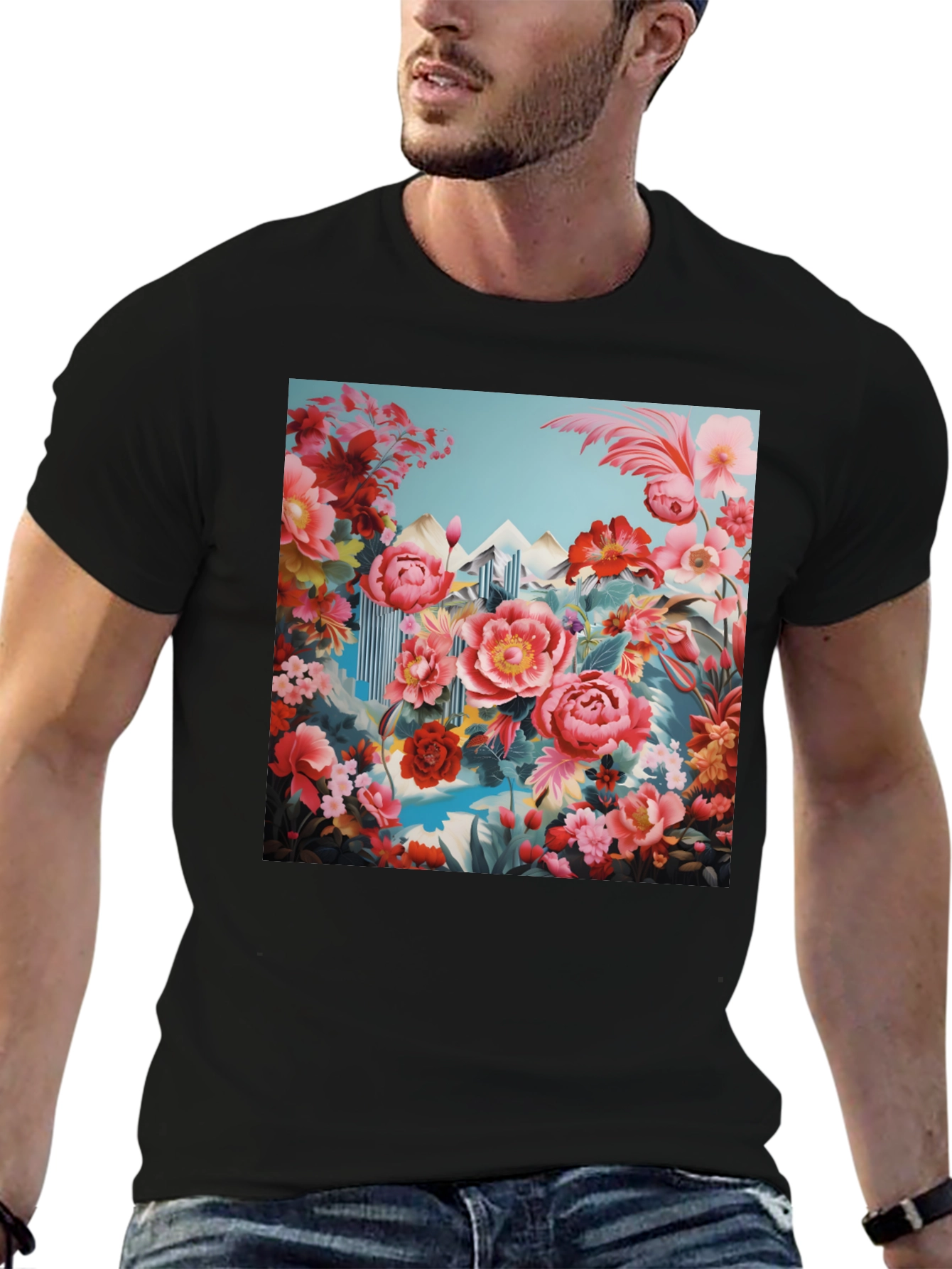 Floral Landscape Print Black T-Shirt