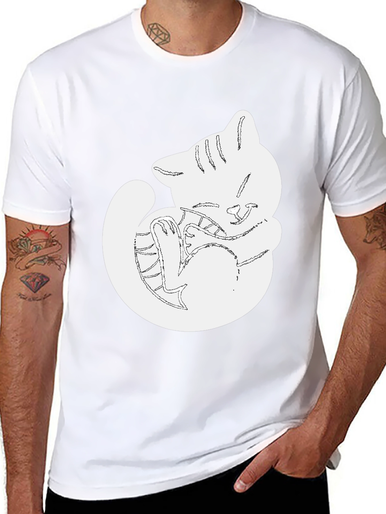 Cute Cat Outline Black T-Shirt
