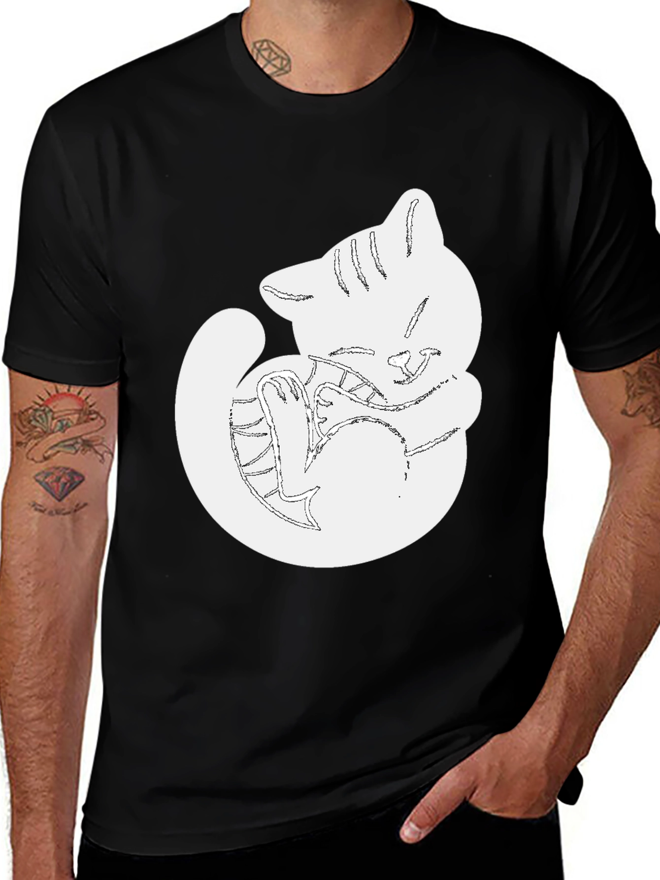 Cute Cat Outline Black T-Shirt