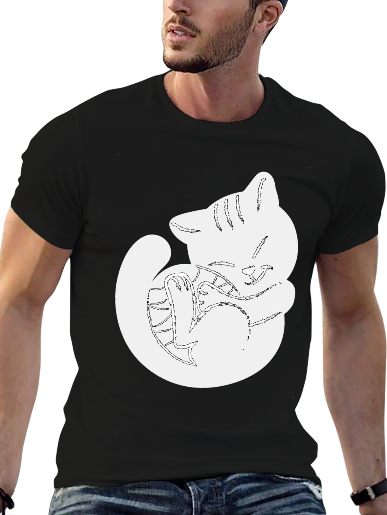 Cute Cat Outline Black T-Shirt