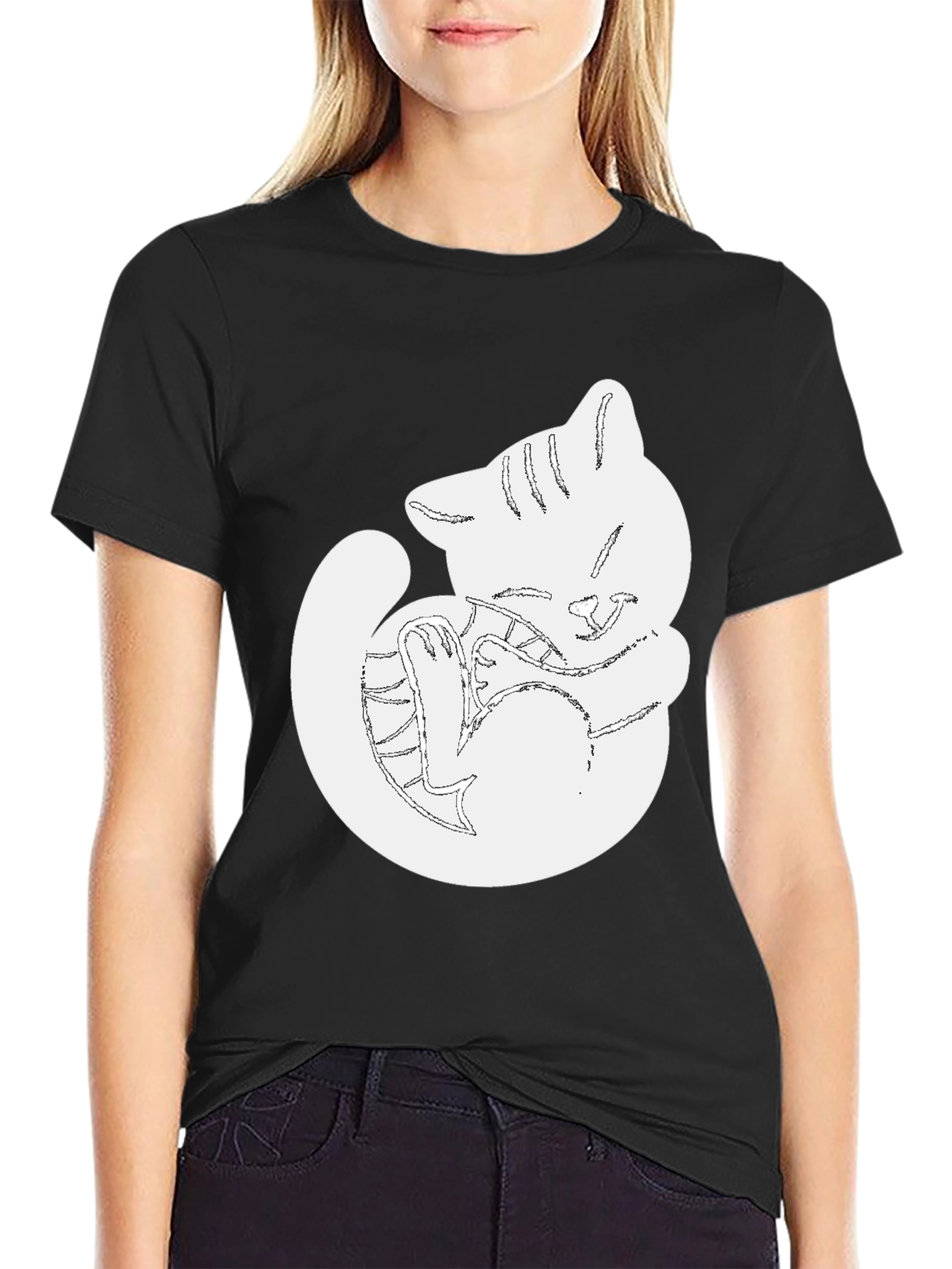 Cute Cat Outline Black T-Shirt