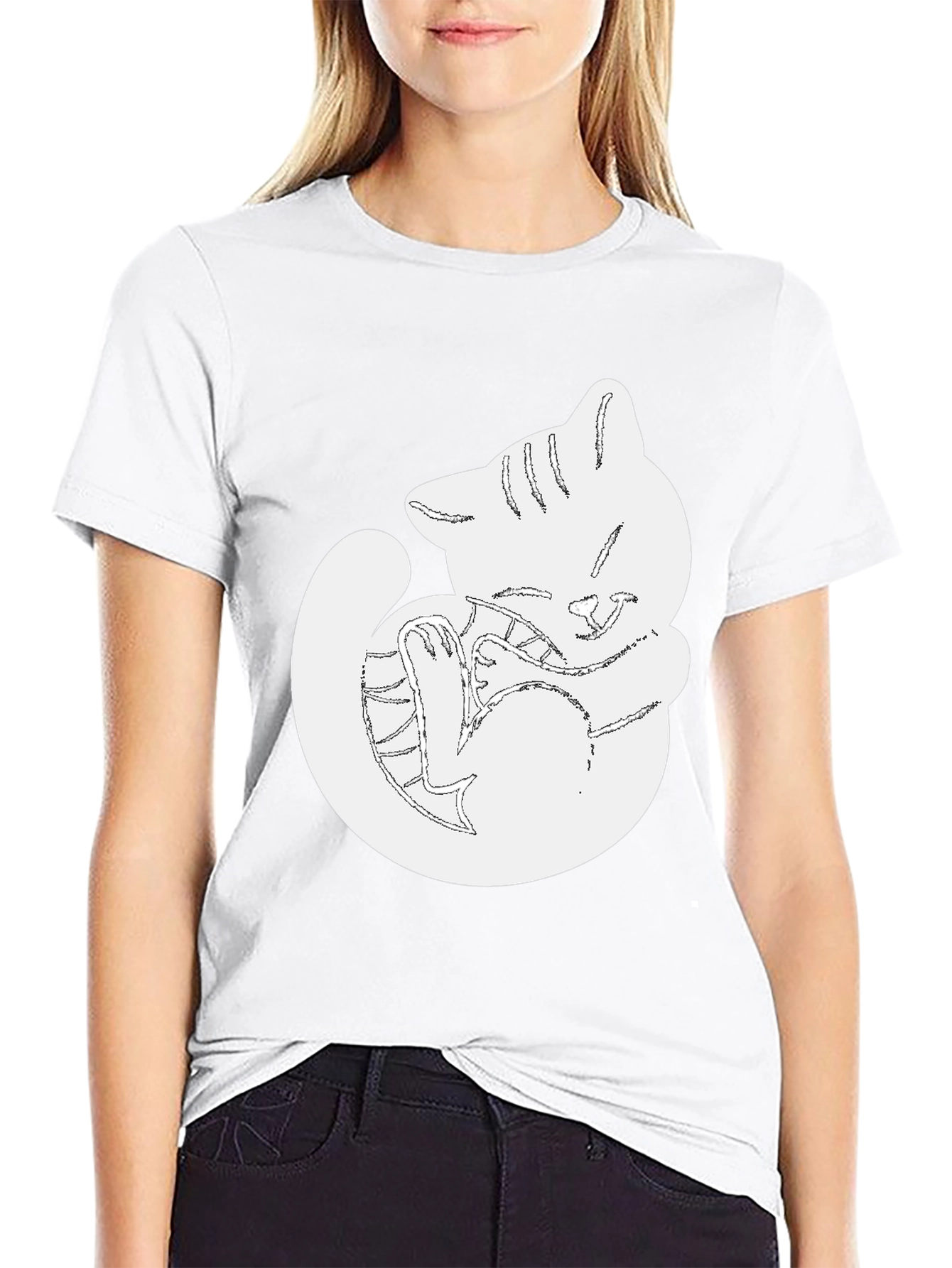 Cute Cat Outline Black T-Shirt