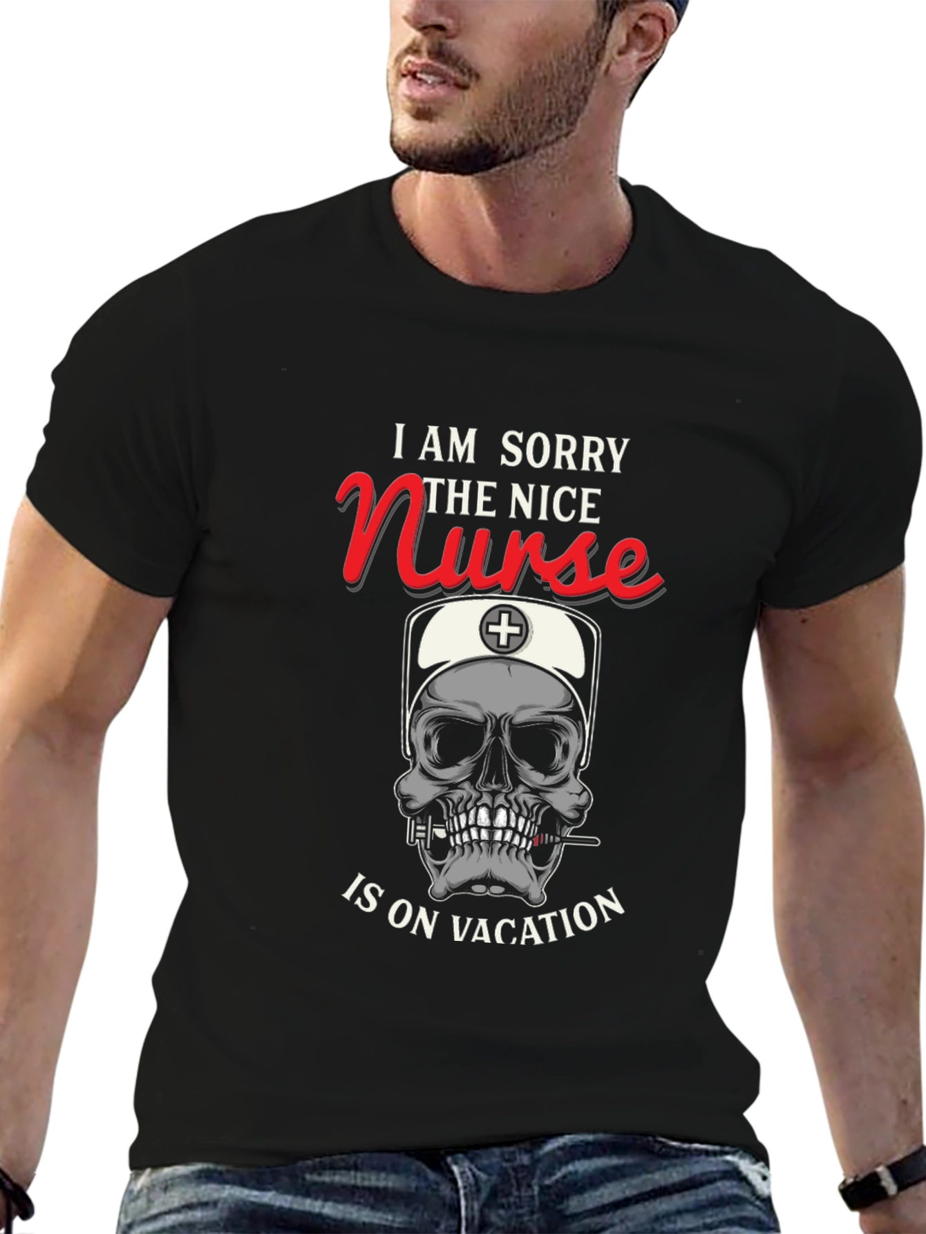 Funny Nurse Skull Graphic T-Shirt - Vacation Mode