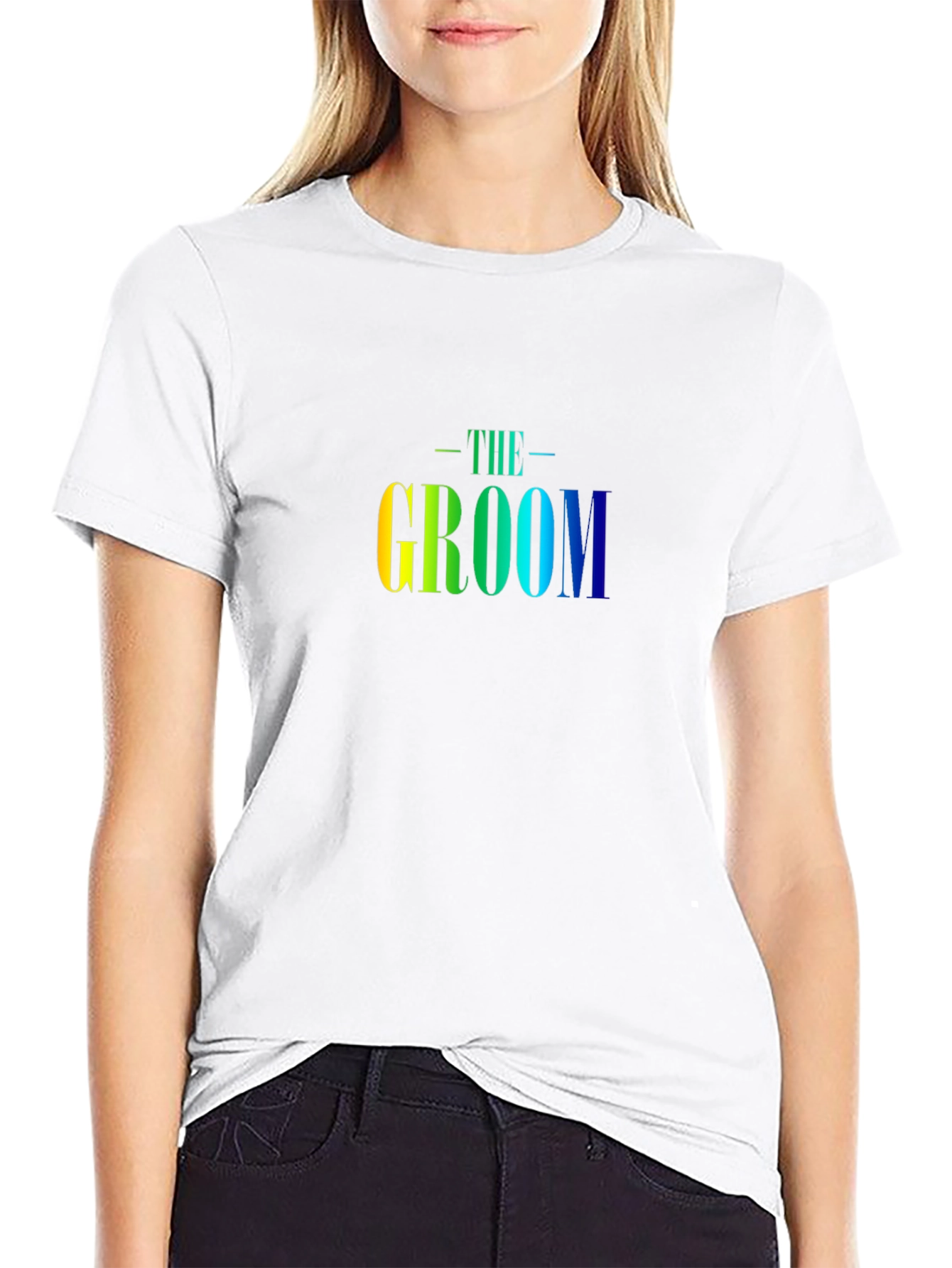 The Groom T-Shirt: Rainbow Text Black Tee