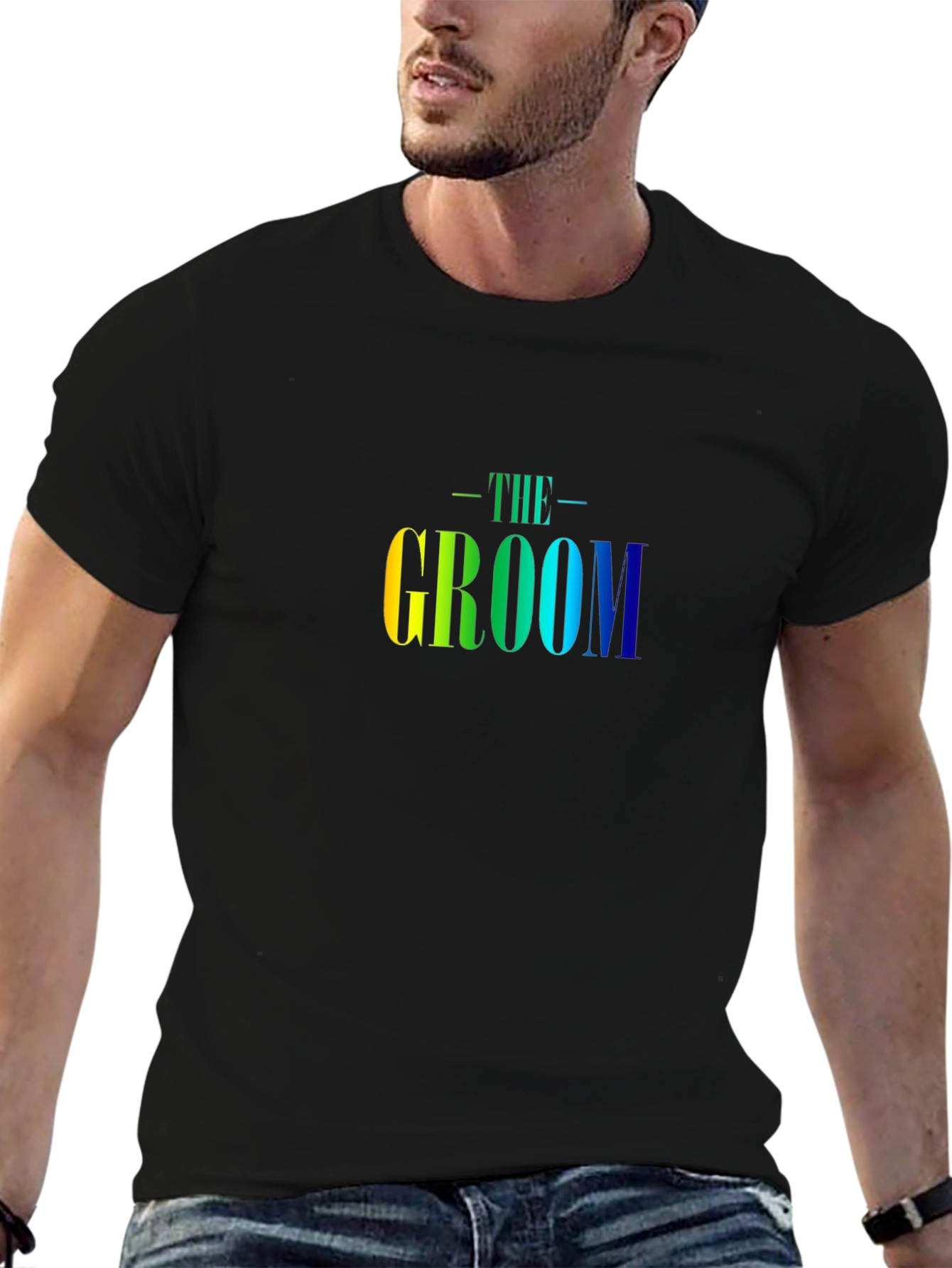 The Groom T-Shirt: Rainbow Text Black Tee
