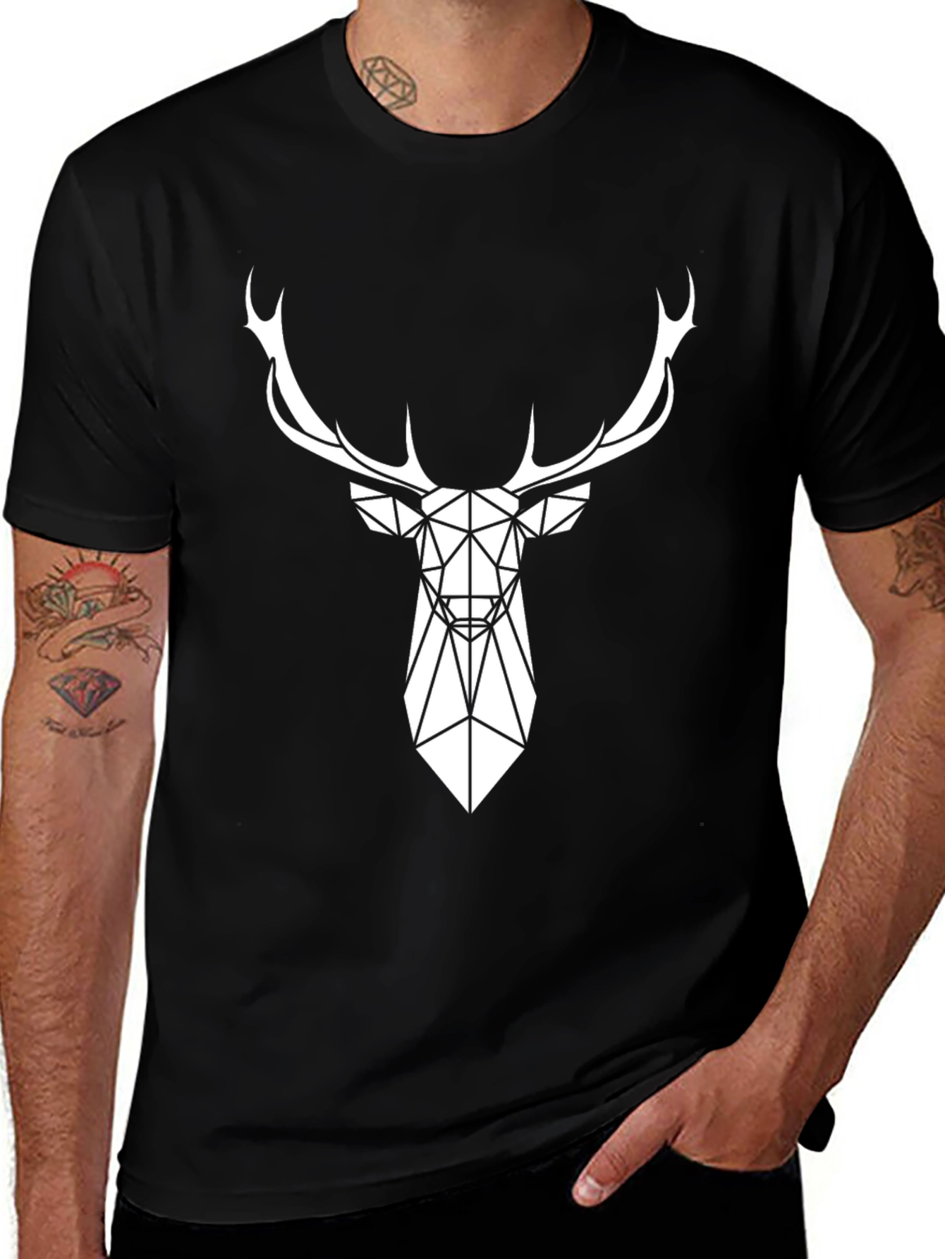 Geometric Deer Graphic Tee - Modern Black T-Shirt