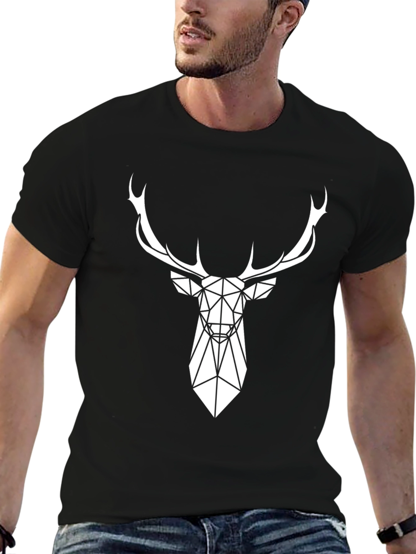 Geometric Deer Graphic Tee - Modern Black T-Shirt