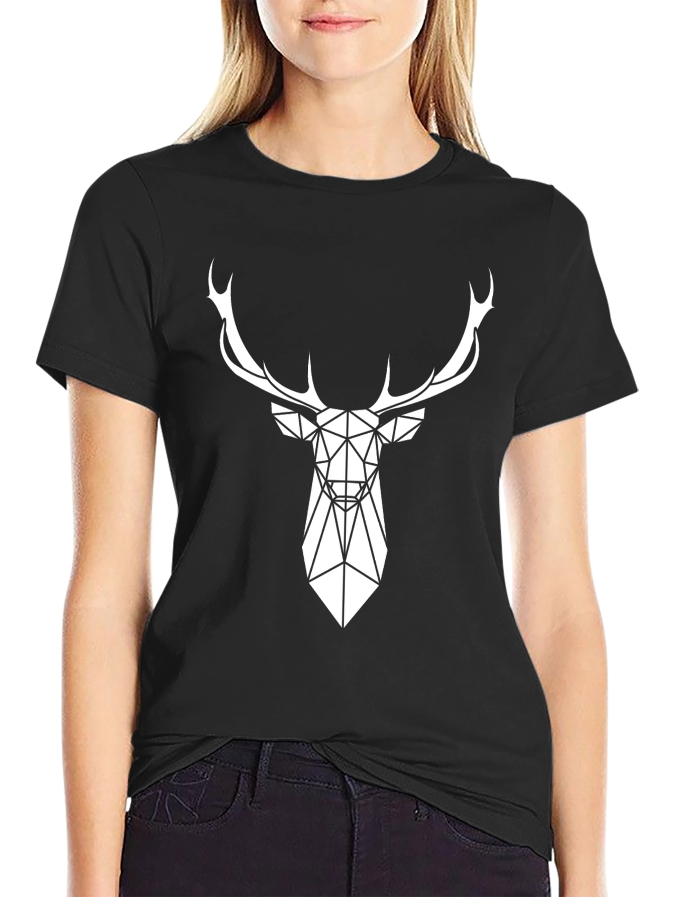 Geometric Deer Graphic Tee - Modern Black T-Shirt