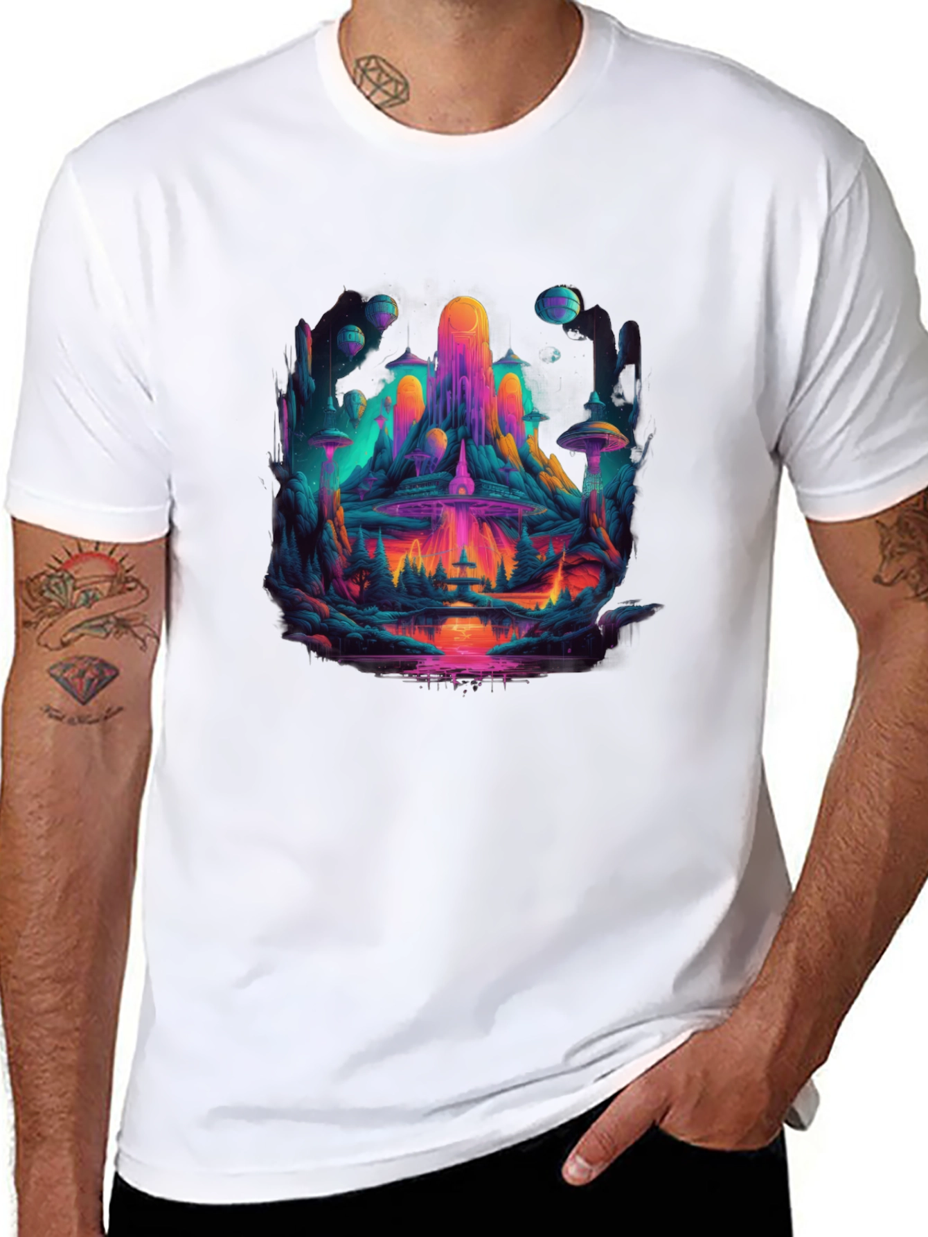 Vibrant Sci-Fi Landscape Graphic T-Shirt