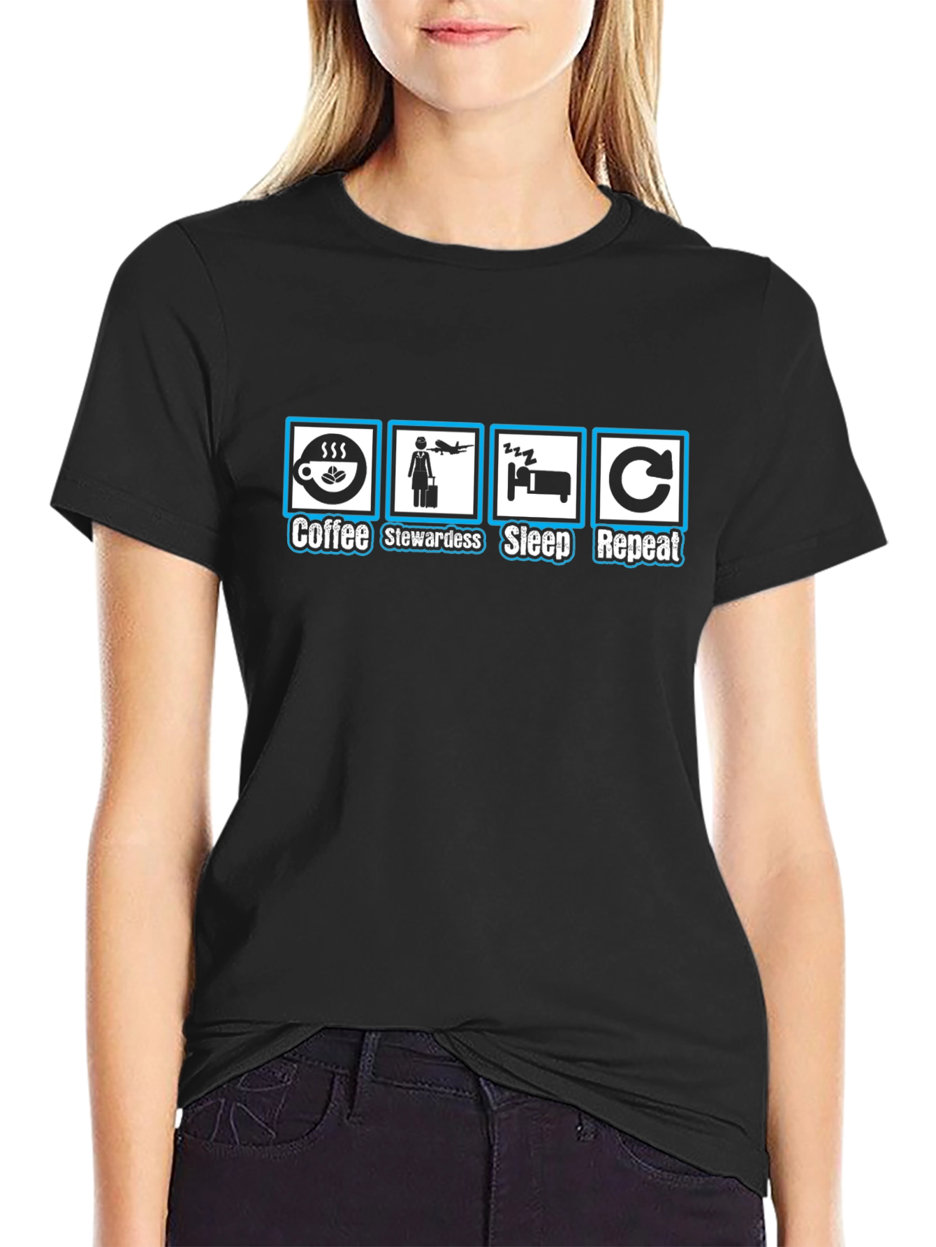Coffee Stewardess Sleep Repeat Black T-Shirt
