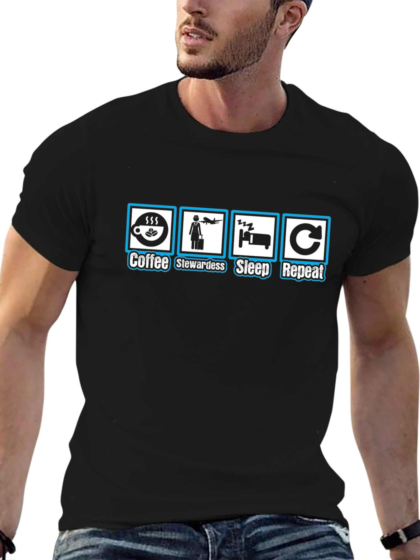 Coffee Stewardess Sleep Repeat Black T-Shirt
