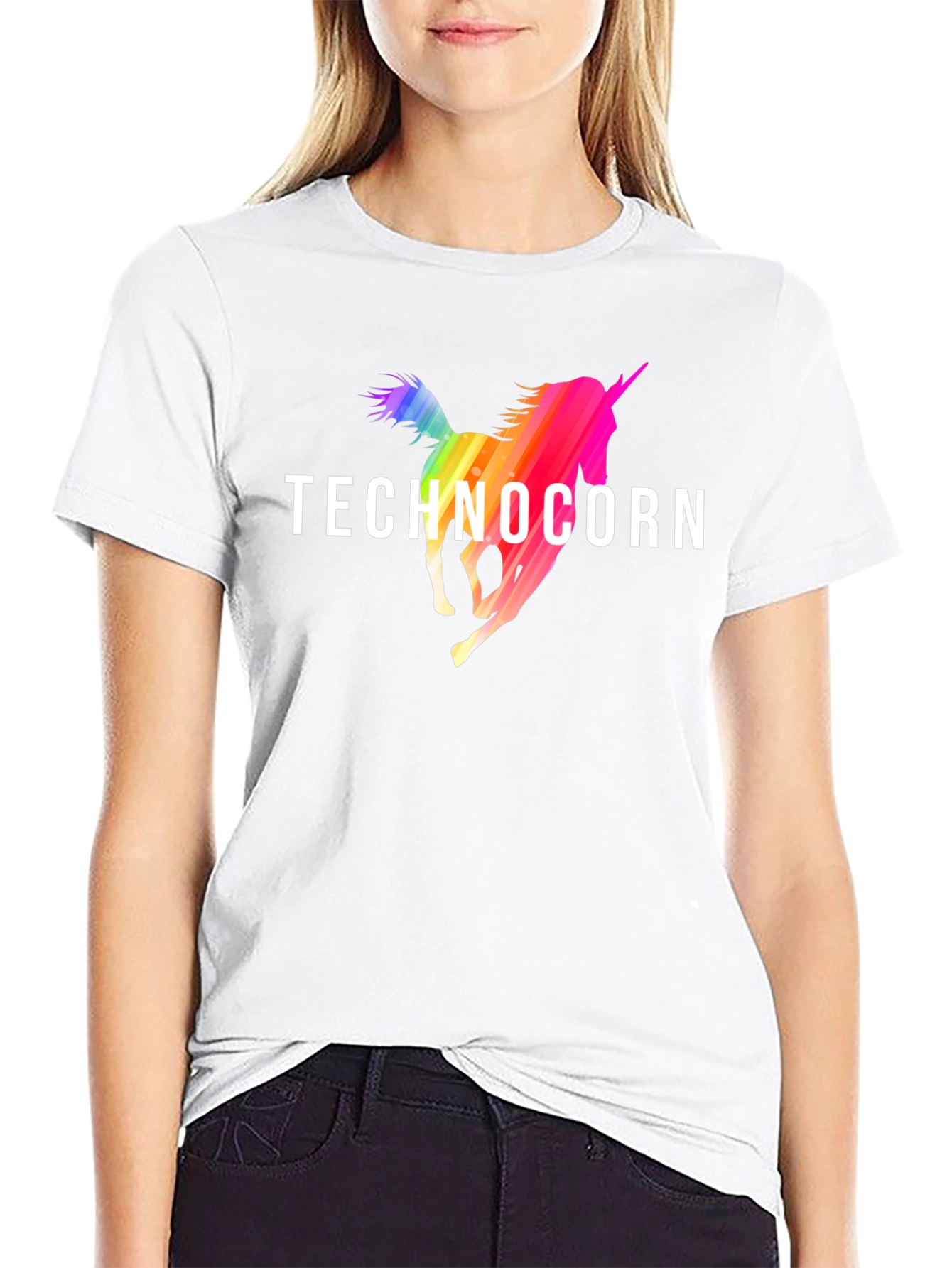 Technocorn Rainbow Unicorn Black T-Shirt