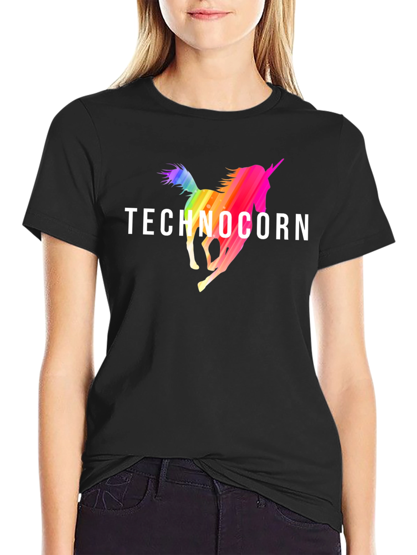 Technocorn Rainbow Unicorn Black T-Shirt