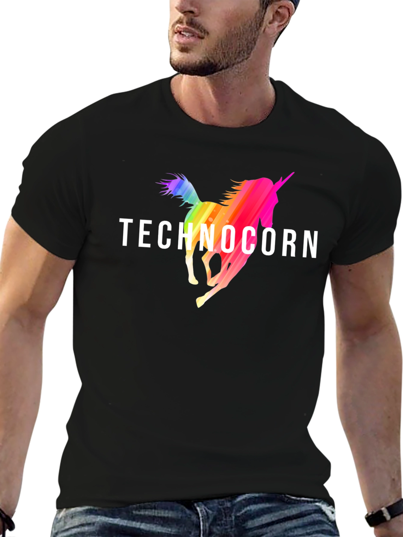 Technocorn Rainbow Unicorn Black T-Shirt