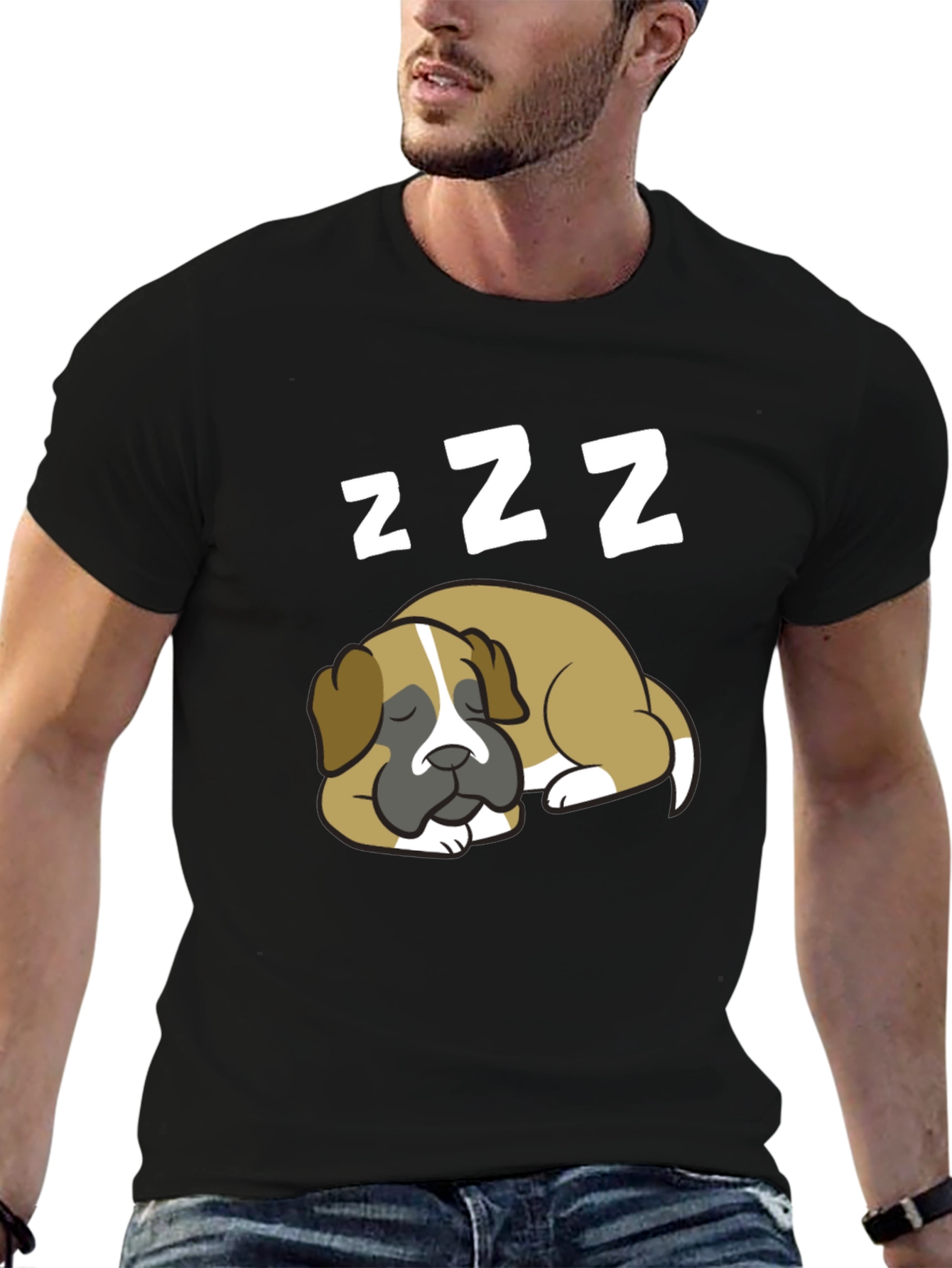 Cute Sleeping Dog ZZZ Mens Black T-Shirt