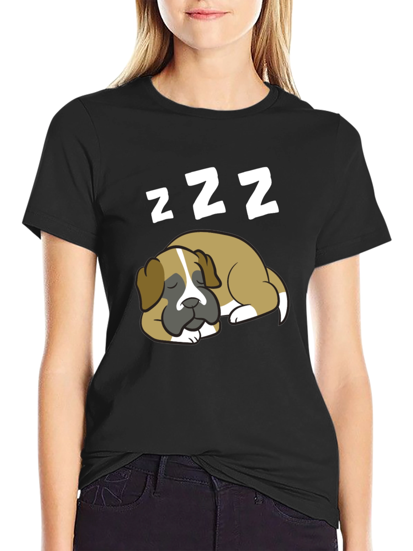 Cute Sleeping Dog ZZZ Mens Black T-Shirt