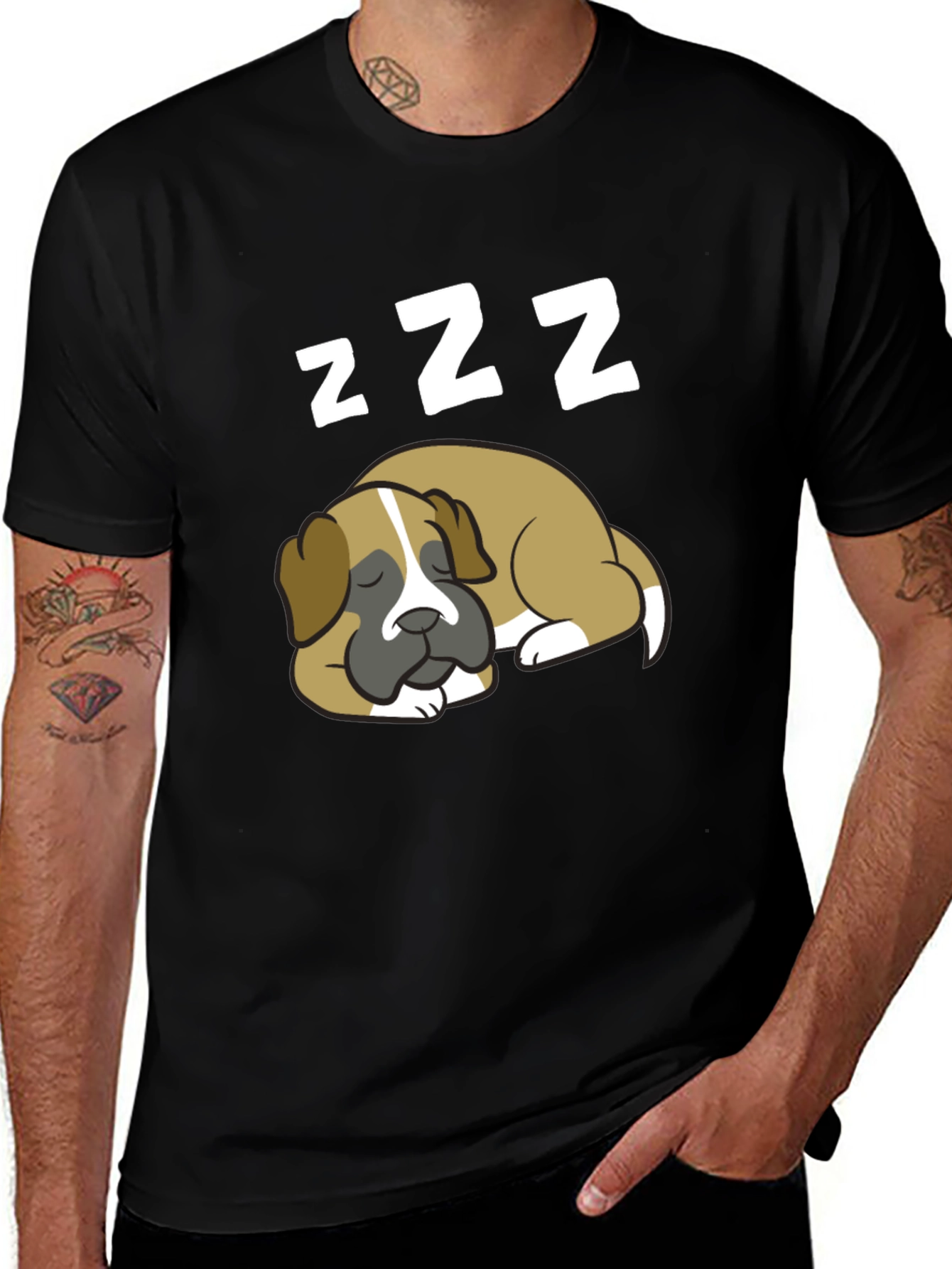 Cute Sleeping Dog ZZZ Mens Black T-Shirt