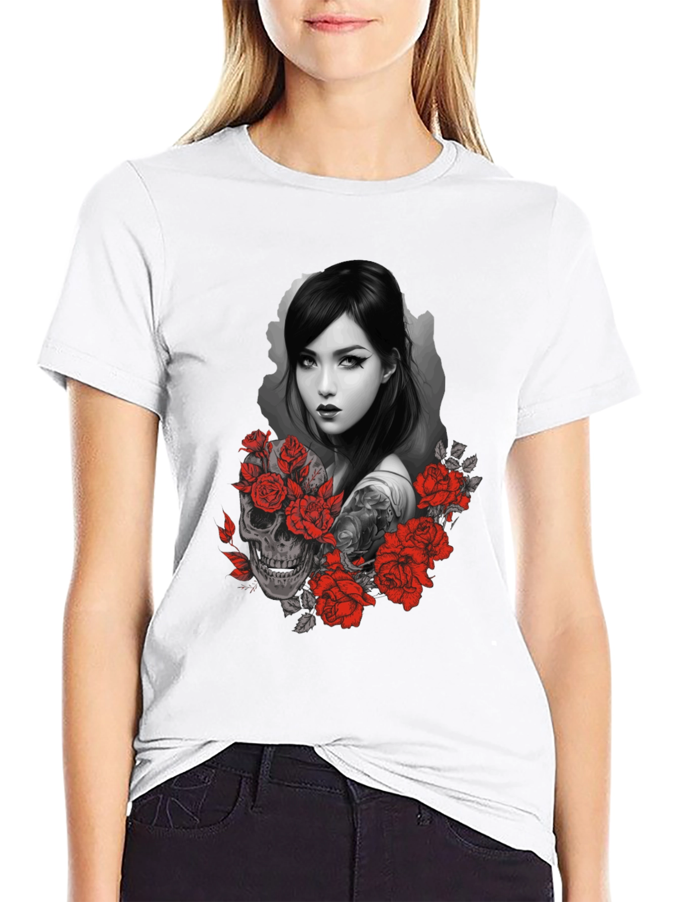 Skull & Roses Graphic Tee - Dark Aesthetic