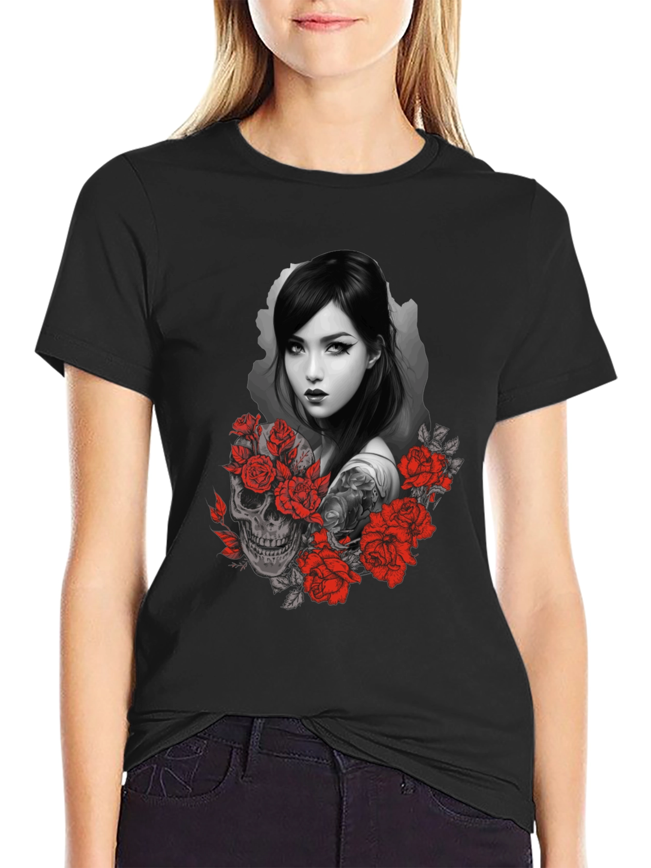 Skull & Roses Graphic Tee - Dark Aesthetic