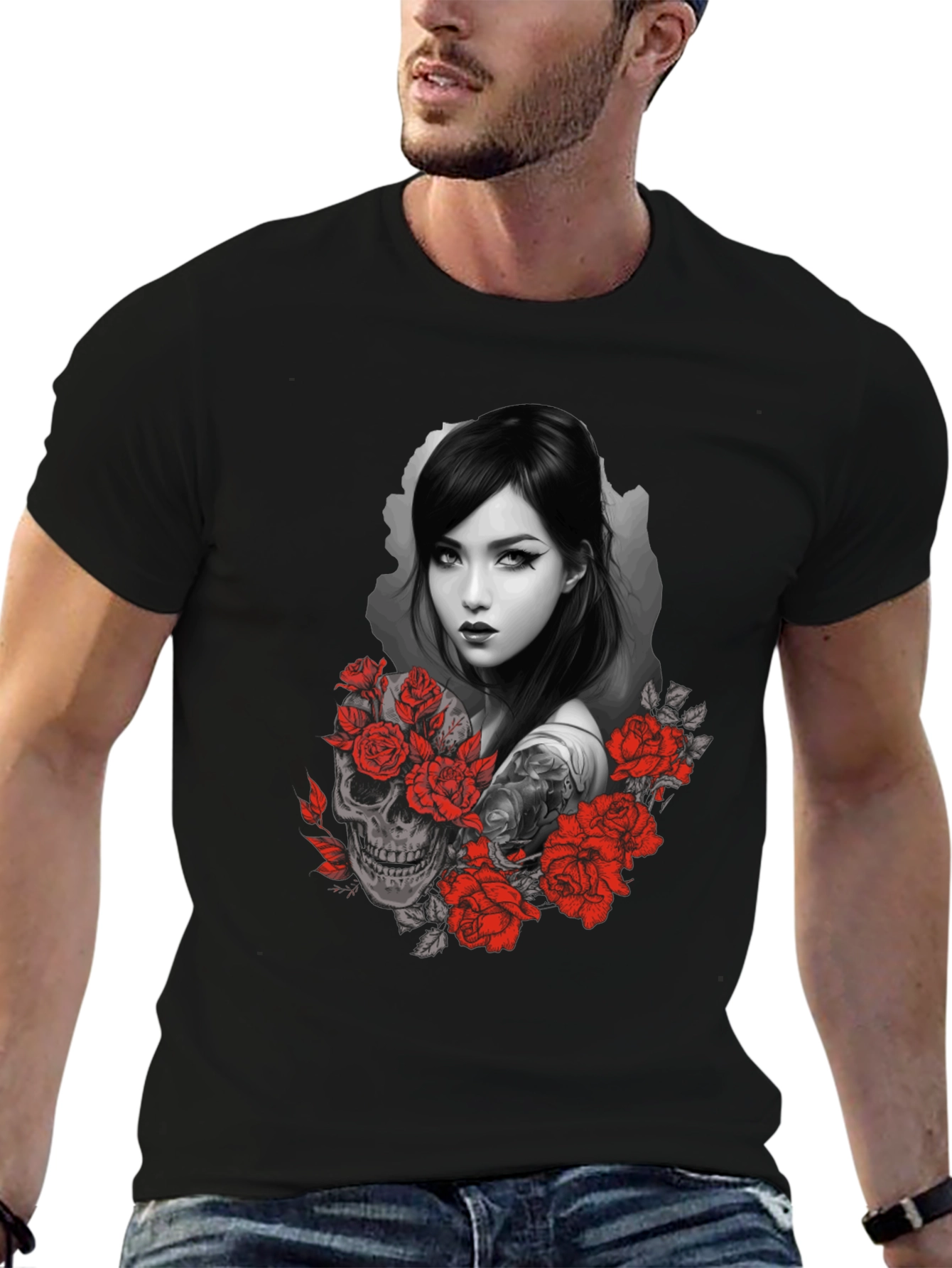 Skull & Roses Graphic Tee - Dark Aesthetic
