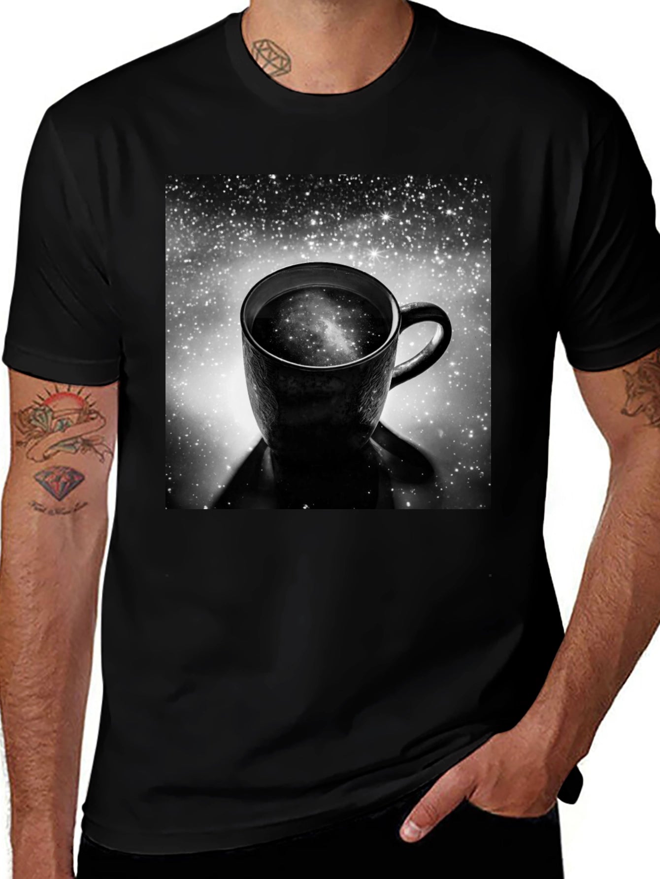 Galaxy Coffee Cup Black T-Shirt - Unique Space Design