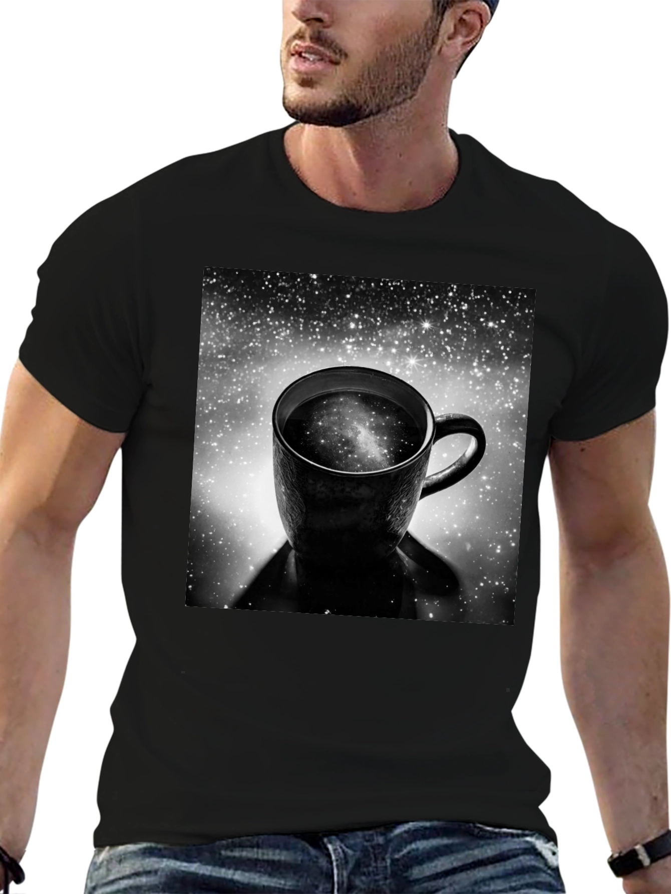 Galaxy Coffee Cup Black T-Shirt - Unique Space Design