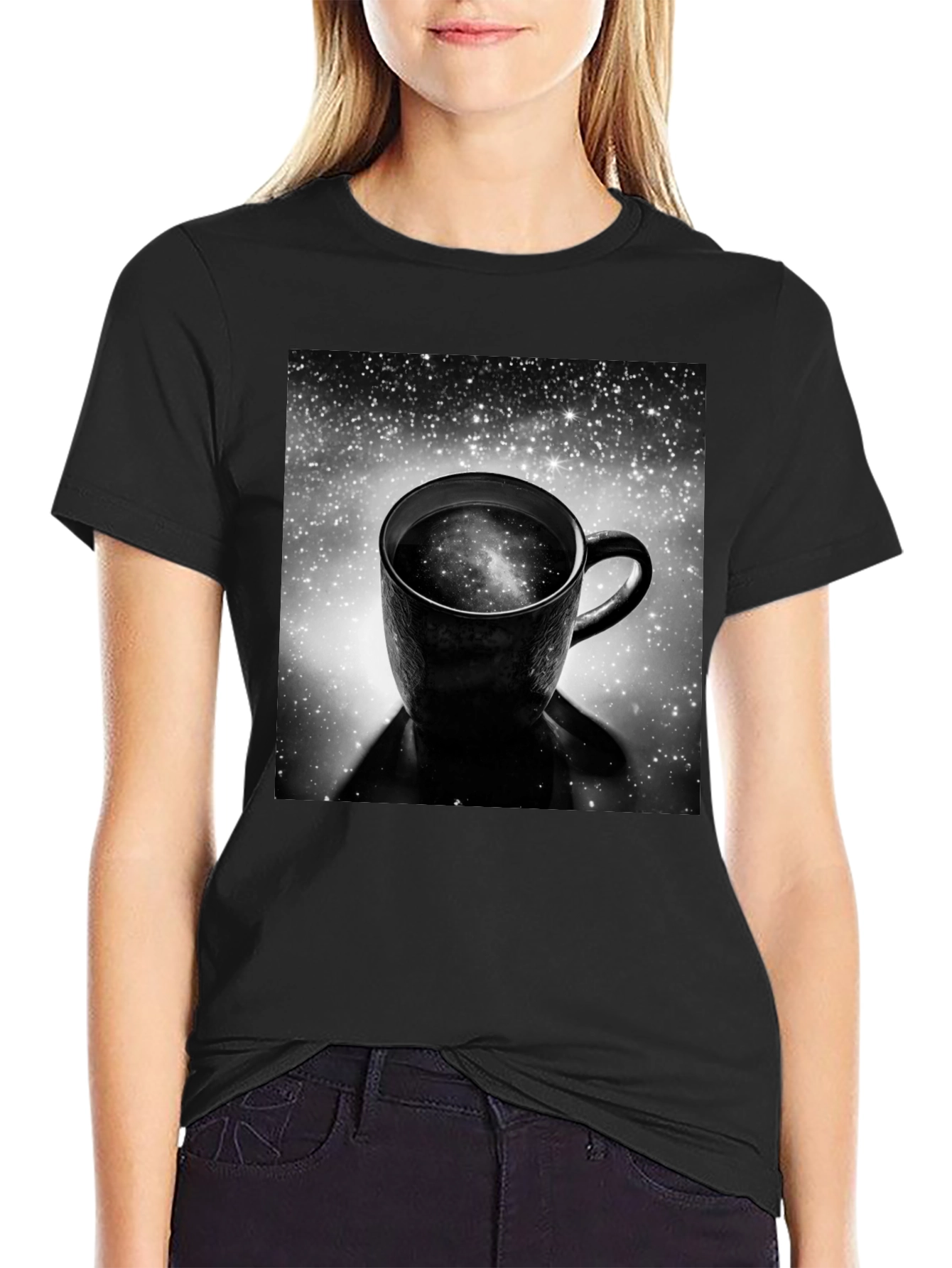 Galaxy Coffee Cup Black T-Shirt - Unique Space Design
