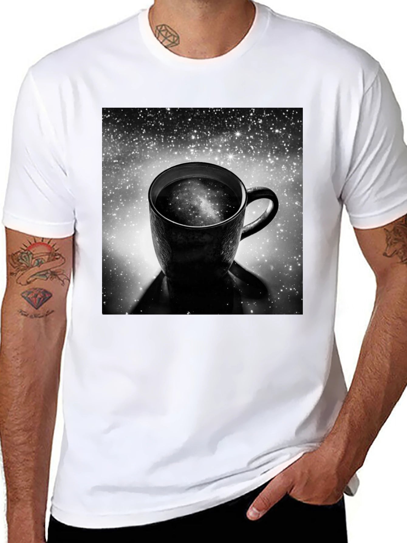 Galaxy Coffee Cup Black T-Shirt - Unique Space Design