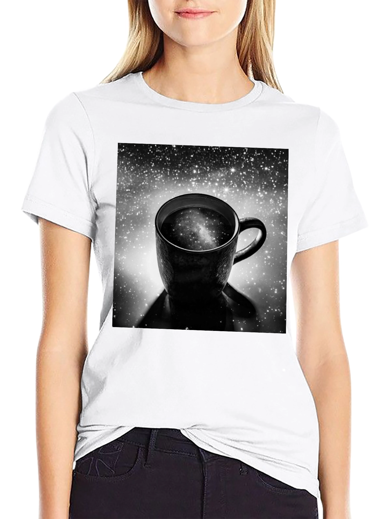 Galaxy Coffee Cup Black T-Shirt - Unique Space Design
