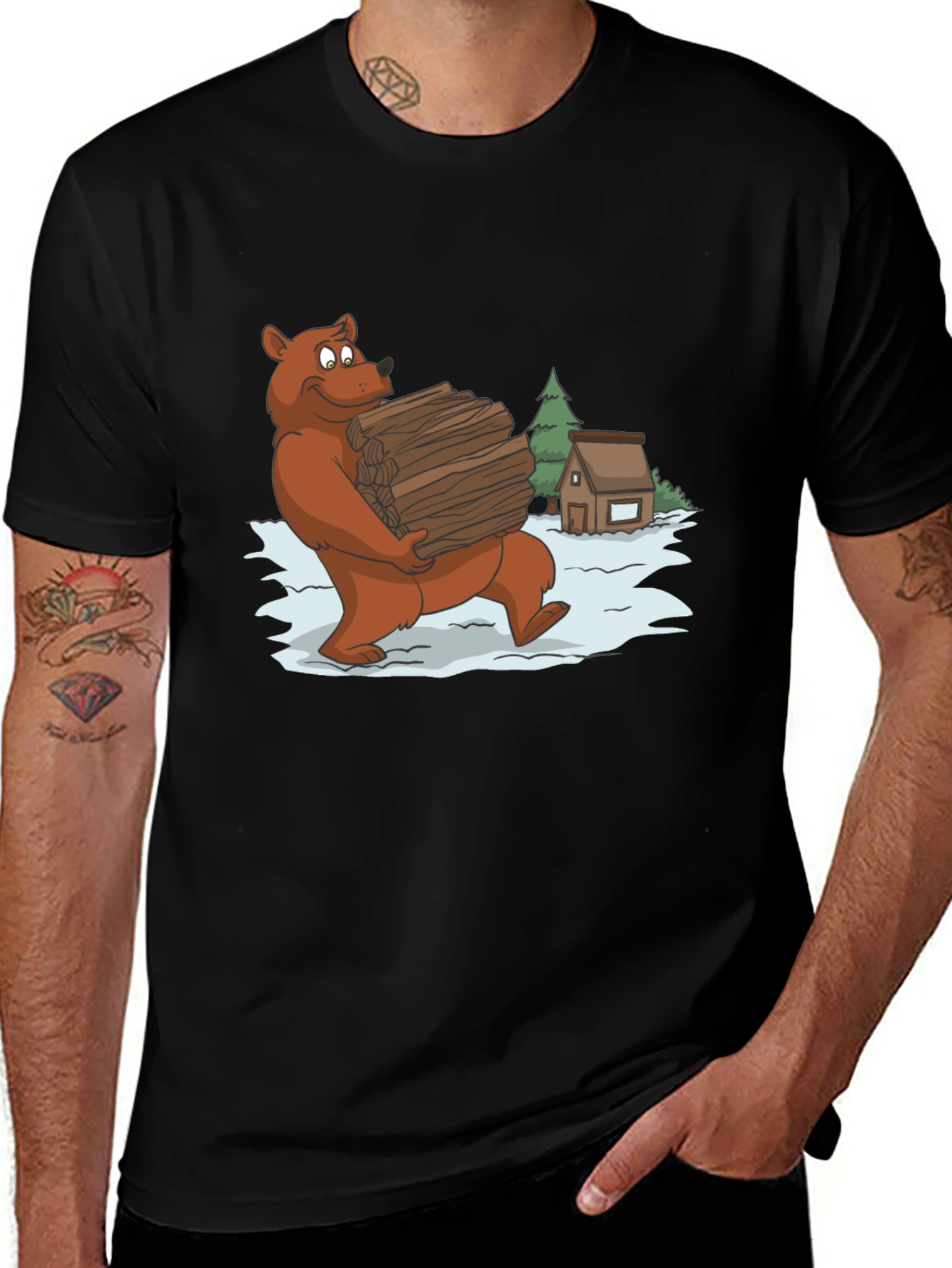 Bear Carrying Wood Graphic Tee - Black