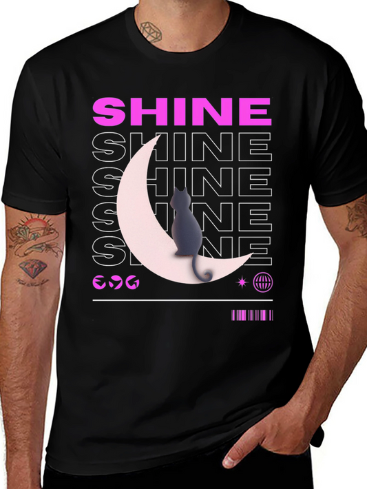 Shine Cat Moon Graphic Tee - Trendy Black T-Shirt