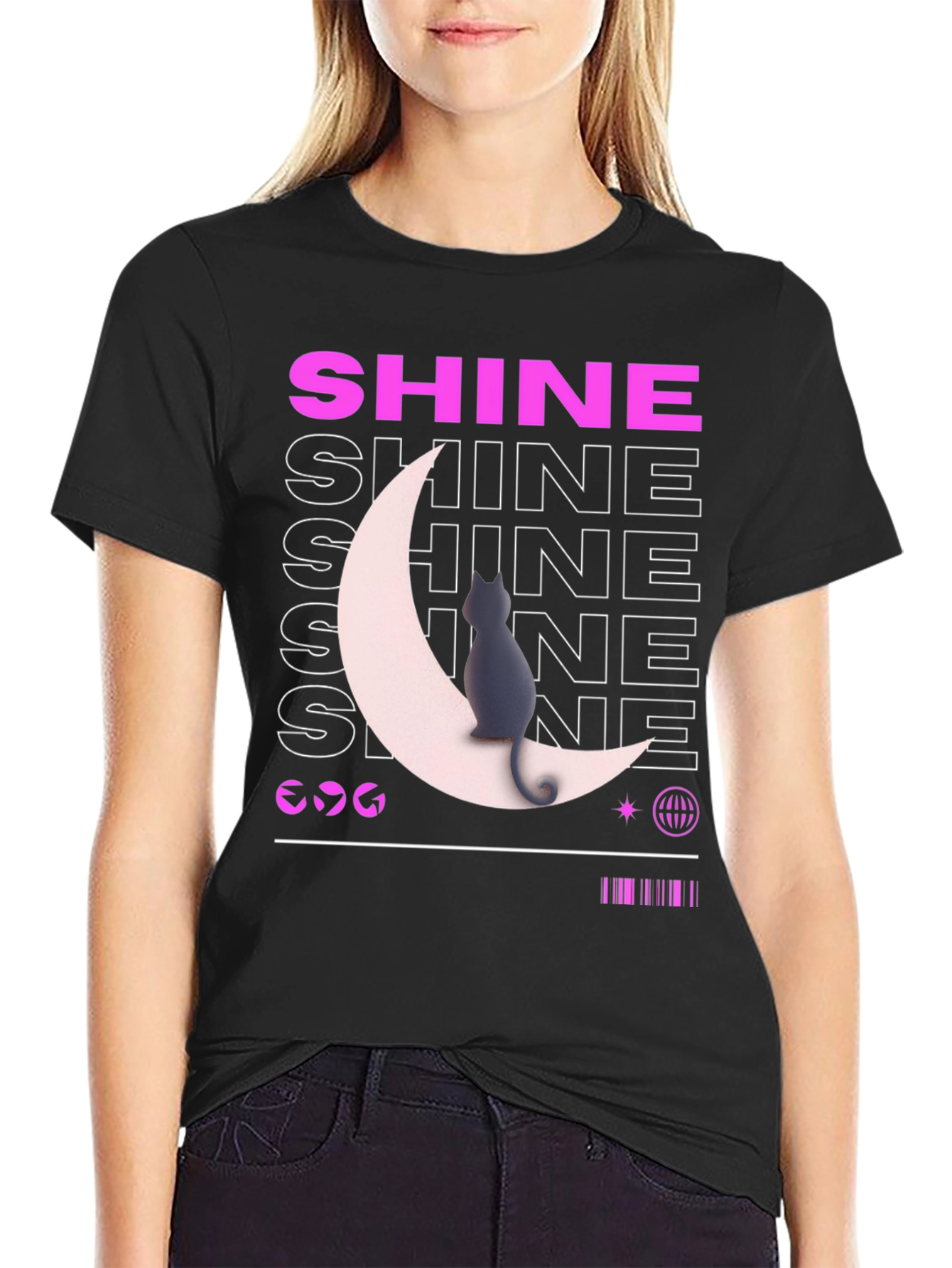 Shine Cat Moon Graphic Tee - Trendy Black T-Shirt