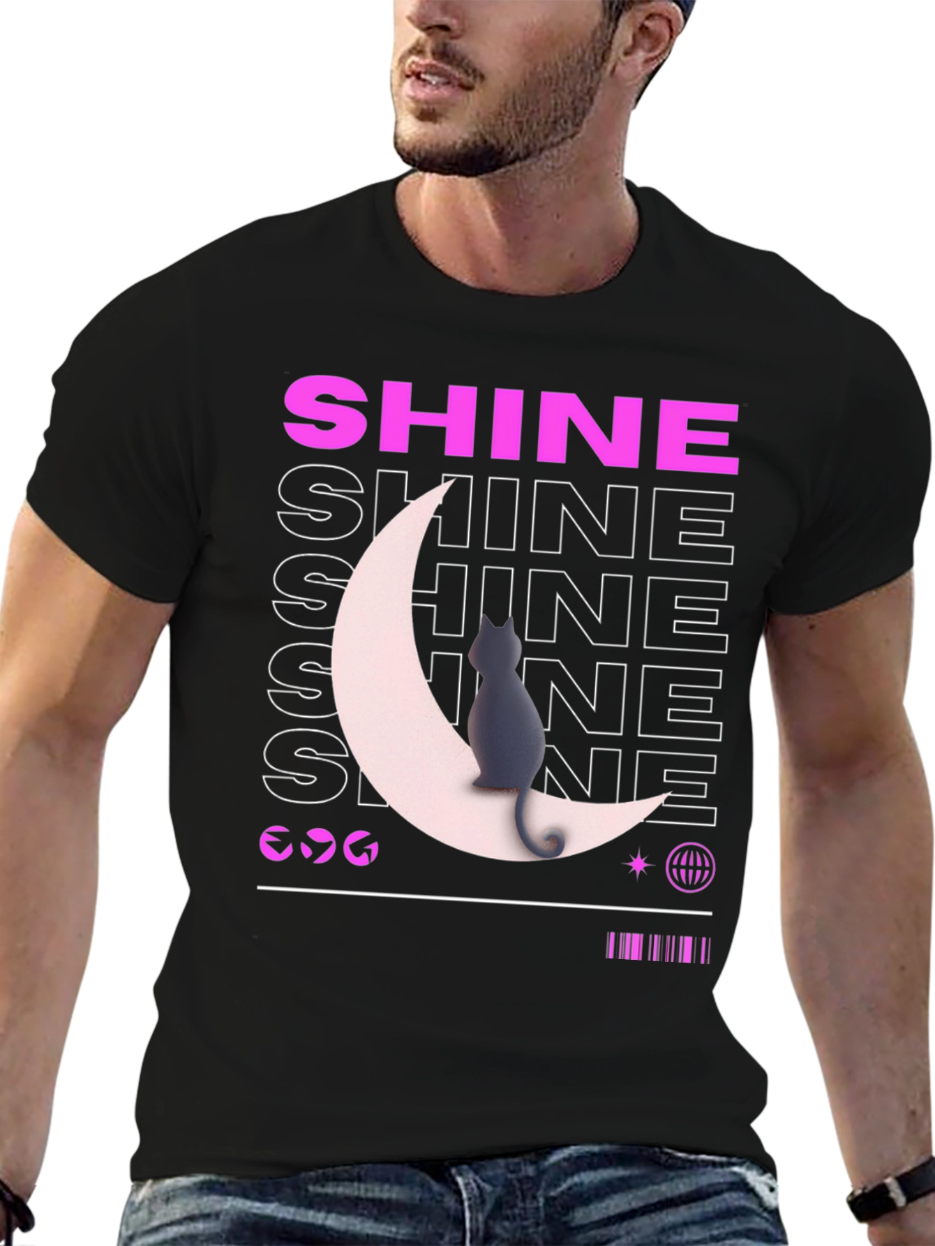 Shine Cat Moon Graphic Tee - Trendy Black T-Shirt