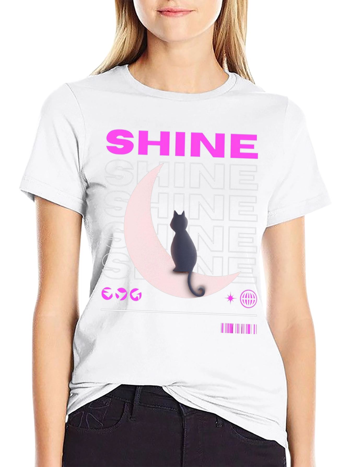 Shine Cat Moon Graphic Tee - Trendy Black T-Shirt