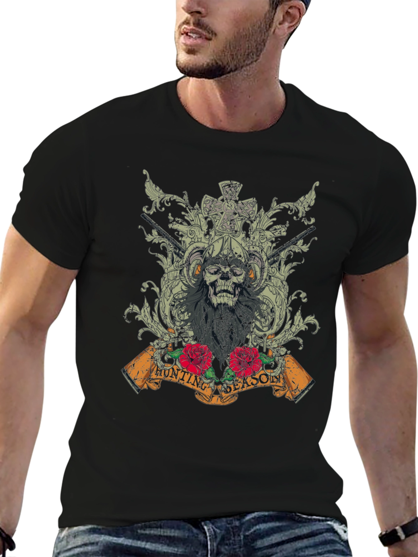 Skull Hunting Season Graphic T-Shirt - Black