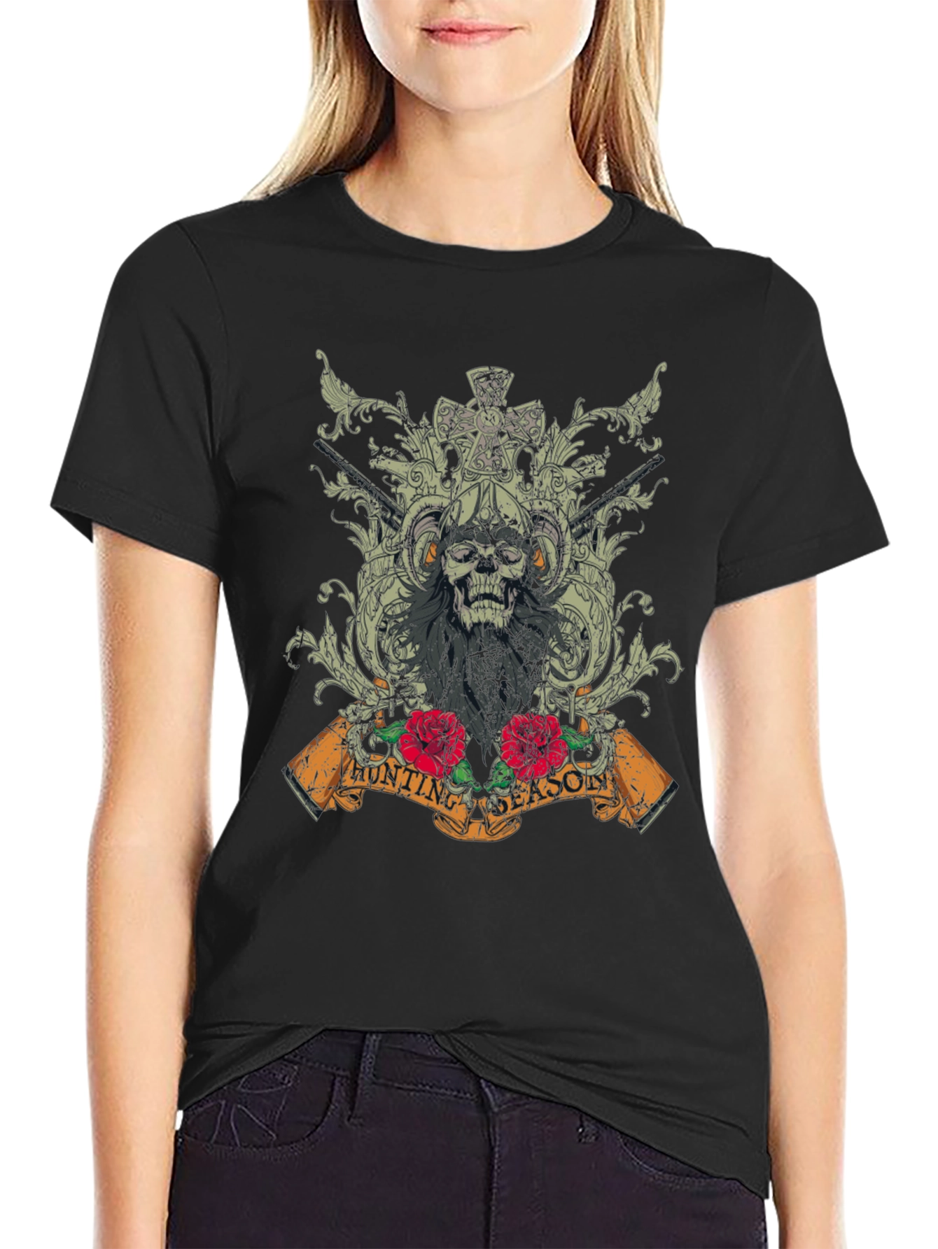 Skull Hunting Season Graphic T-Shirt - Black