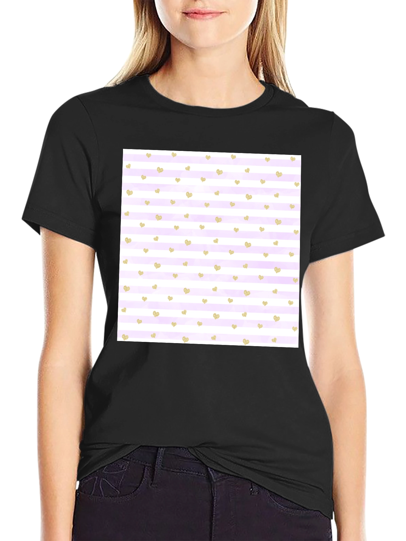Striped Heart Pattern Tee - Stylish & Comfortable