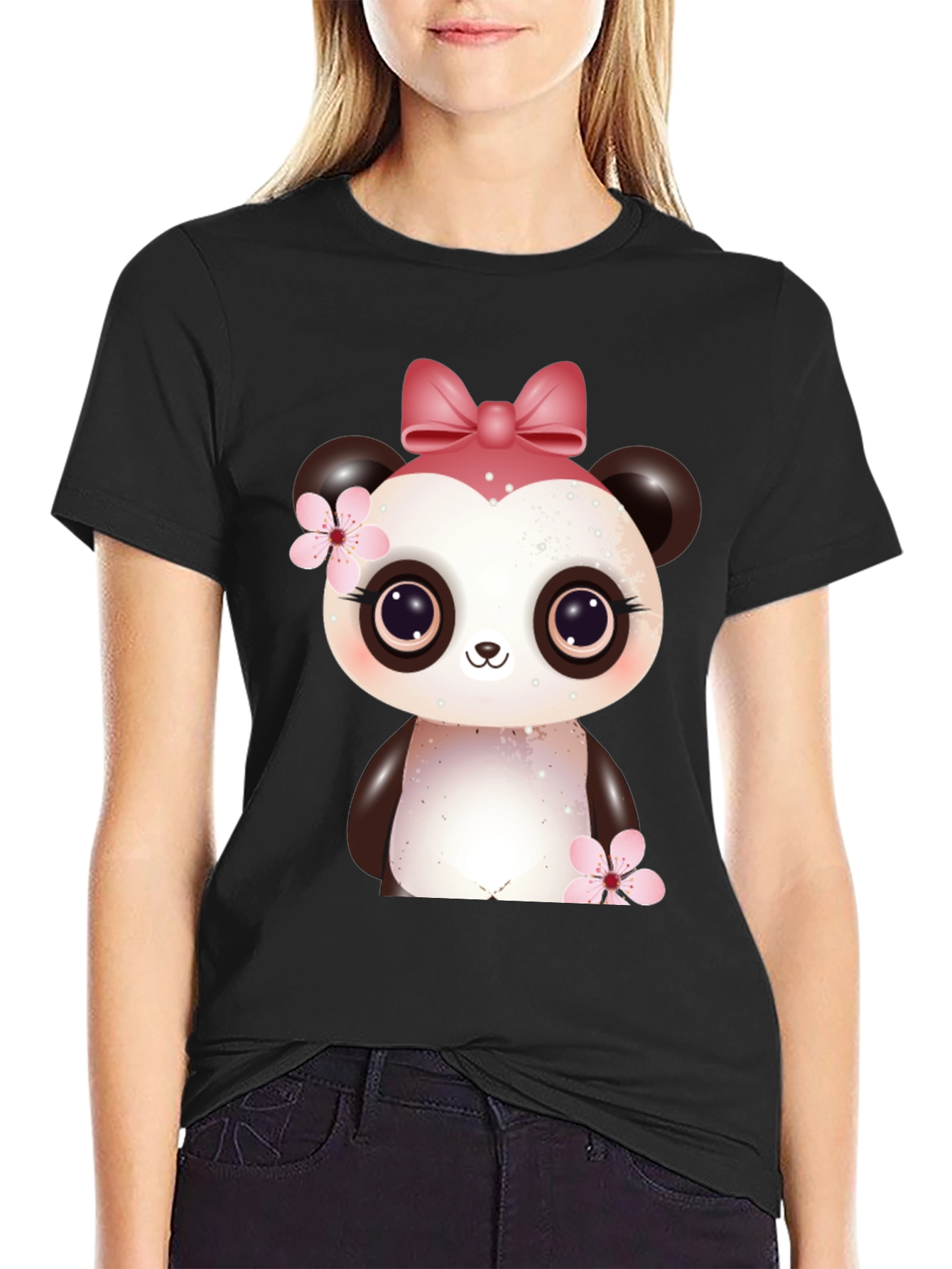 Cute Panda Bear Graphic Black T-Shirt
