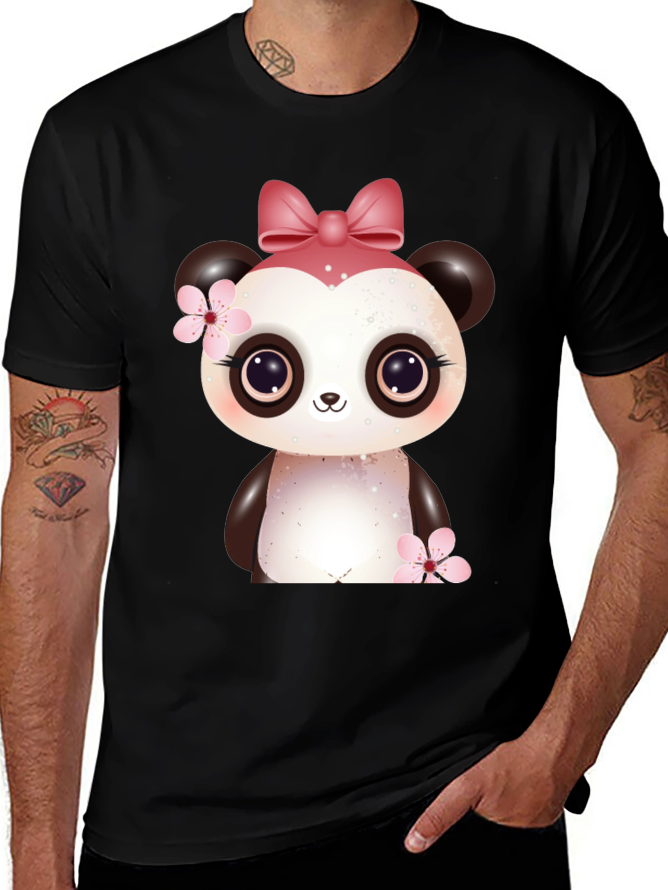 Cute Panda Bear Graphic Black T-Shirt