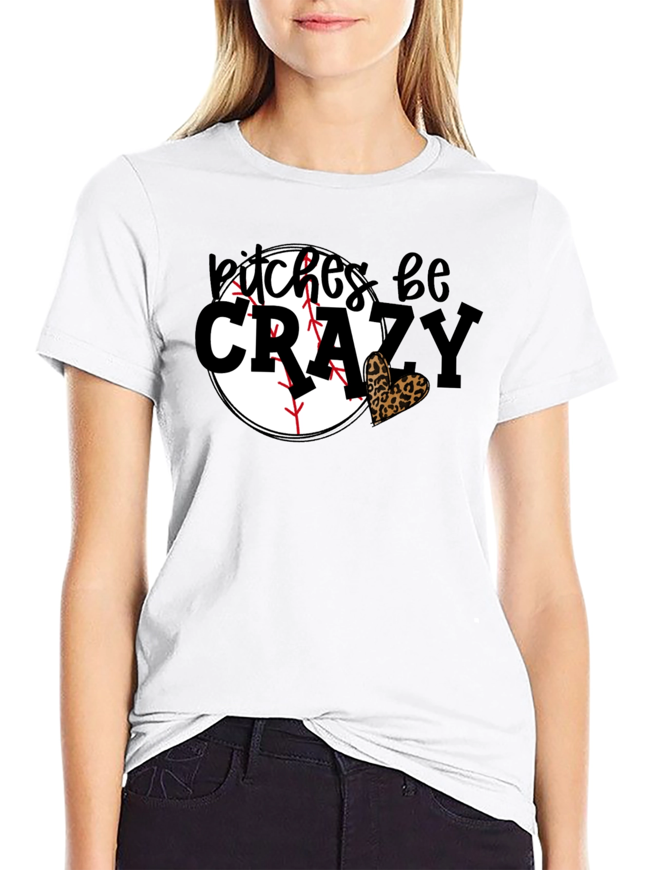 Bitches Be Crazy Baseball Leopard Heart Graphic Tee