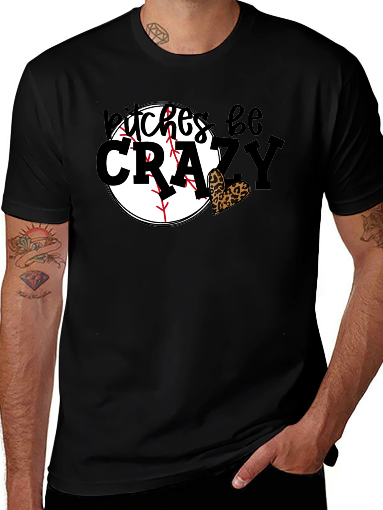Bitches Be Crazy Baseball Leopard Heart Graphic Tee