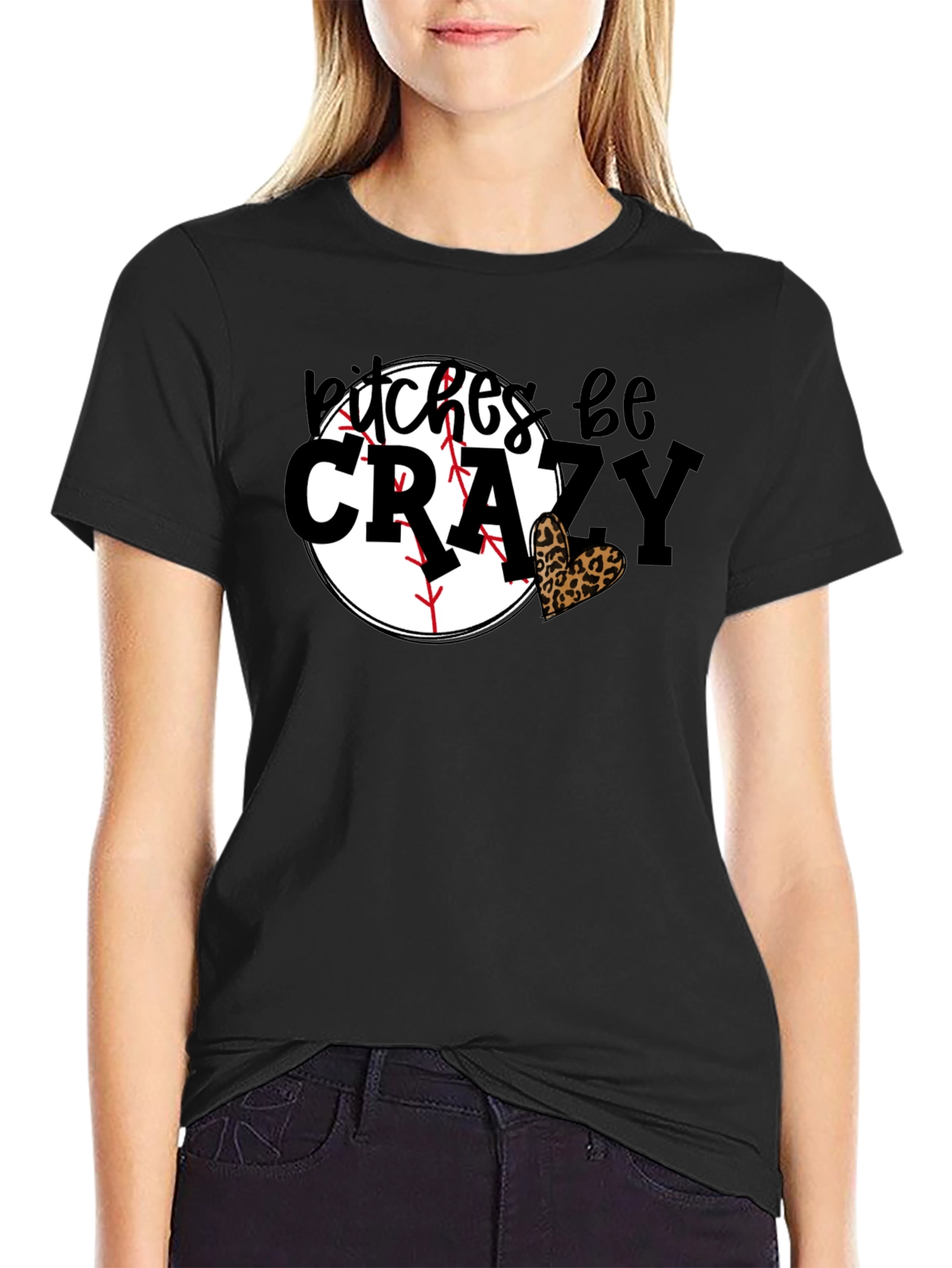Bitches Be Crazy Baseball Leopard Heart Graphic Tee