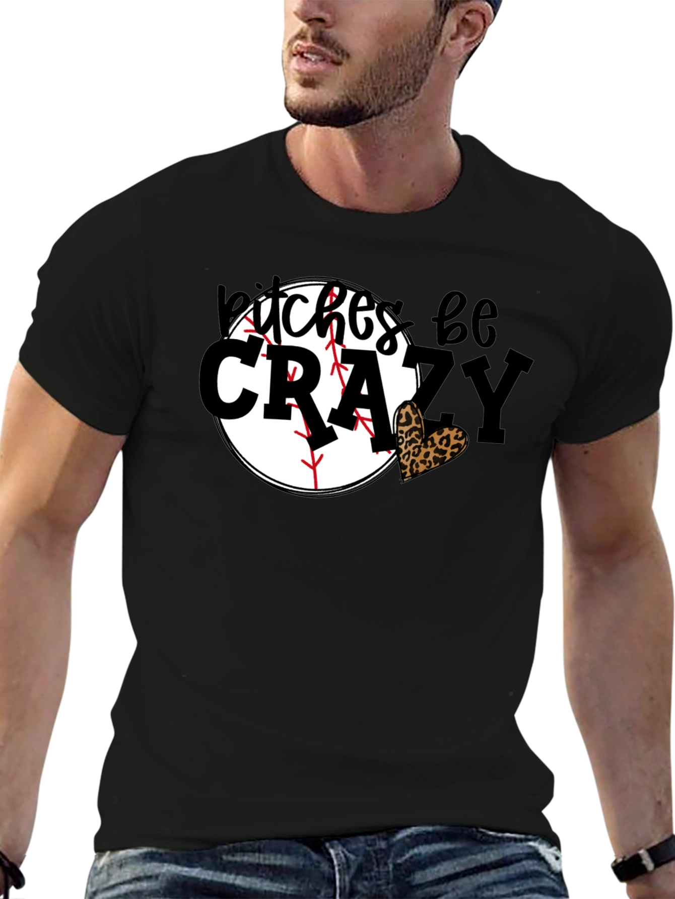 Bitches Be Crazy Baseball Leopard Heart Graphic Tee