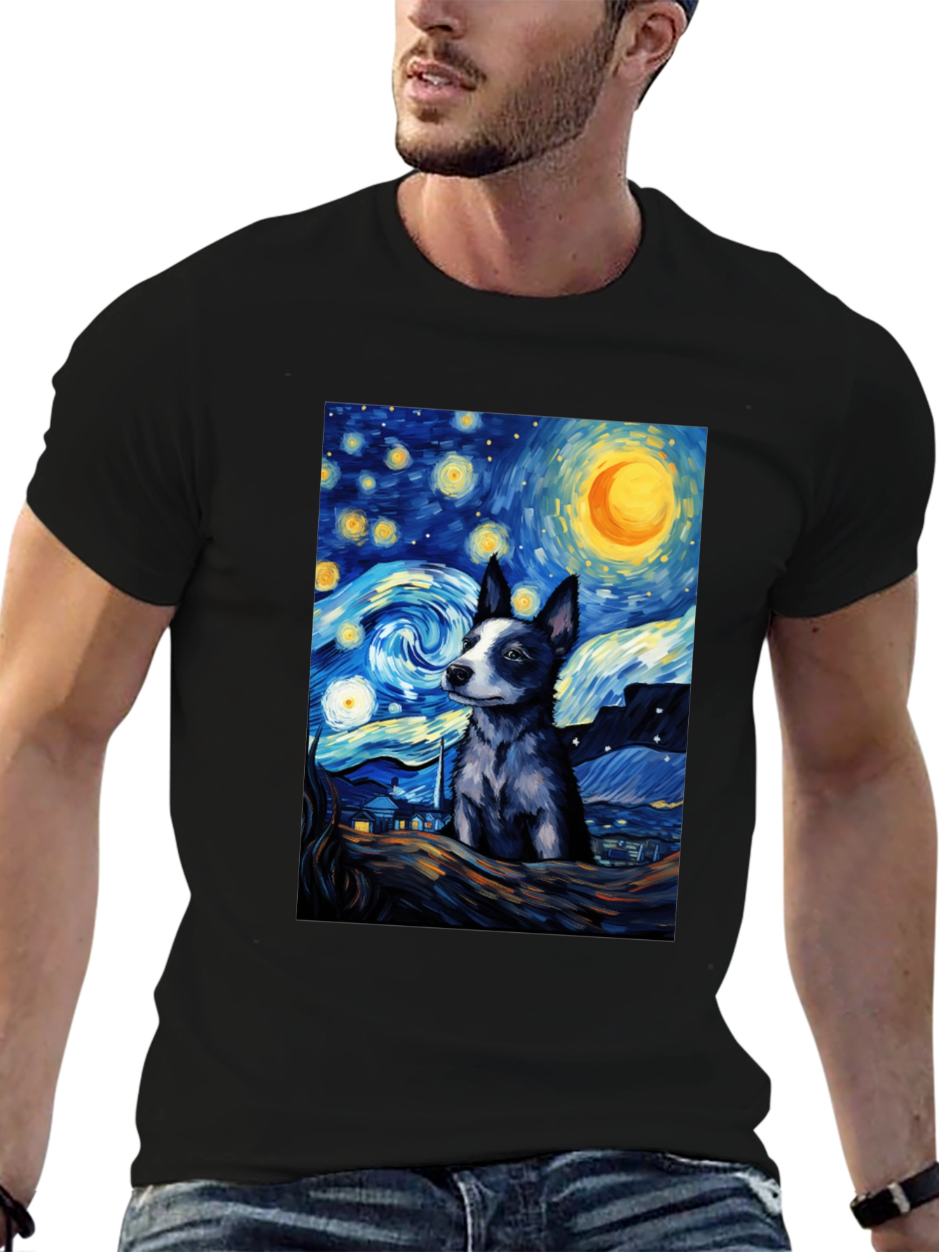 Starry Night Dog T-Shirt - Artistic Pet Lover Tee