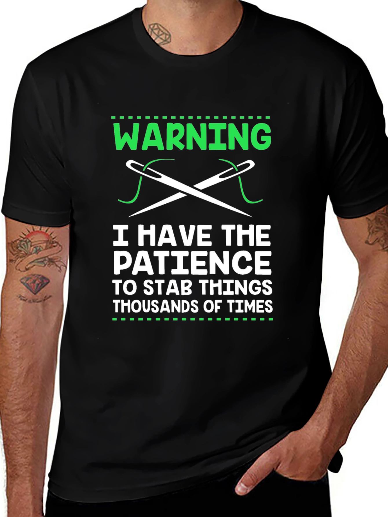Warning: Patience to Stab T-Shirt - Sewing Humor