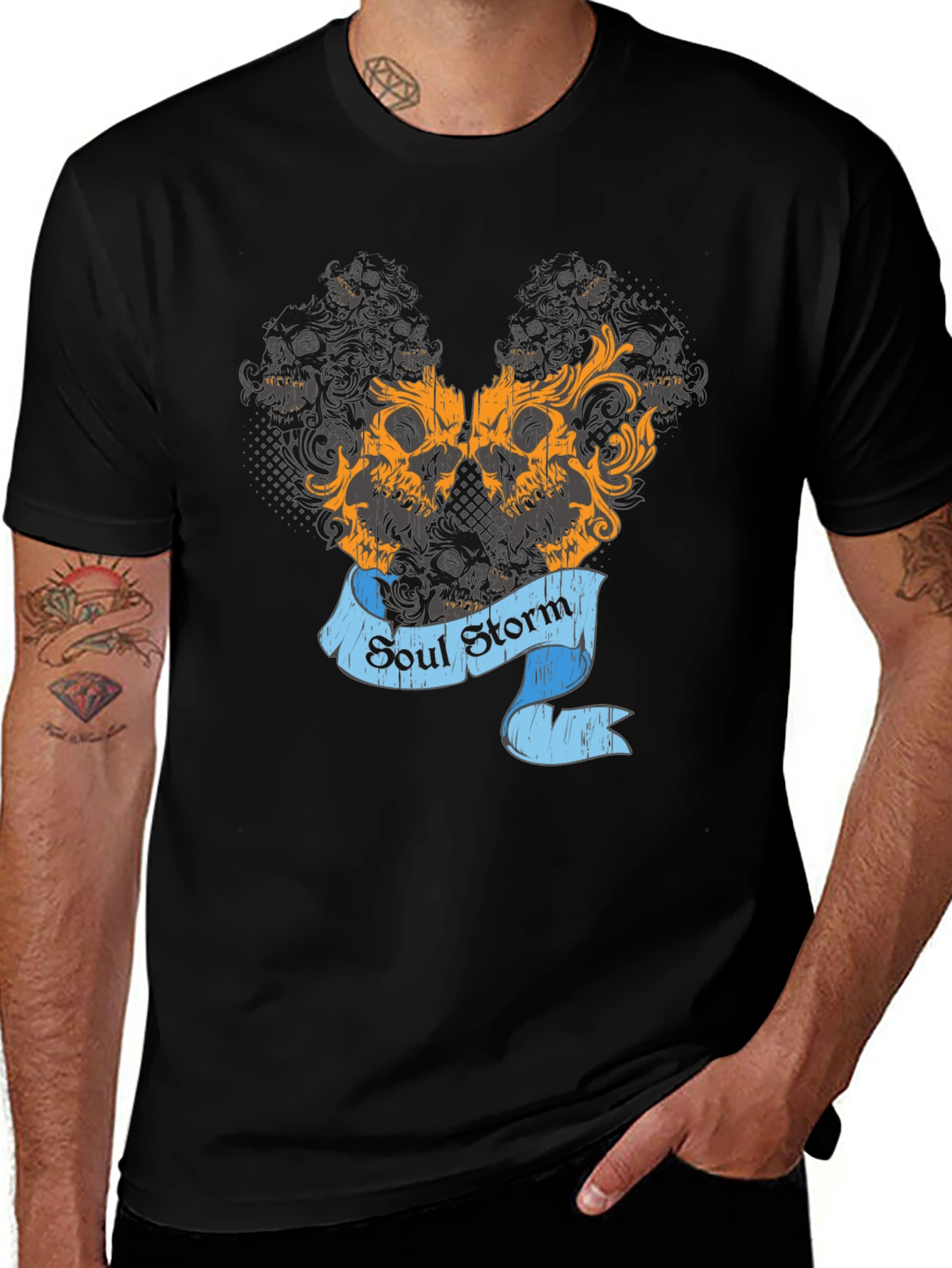 Skull Storm Graphic Print Mens Black T-Shirt
